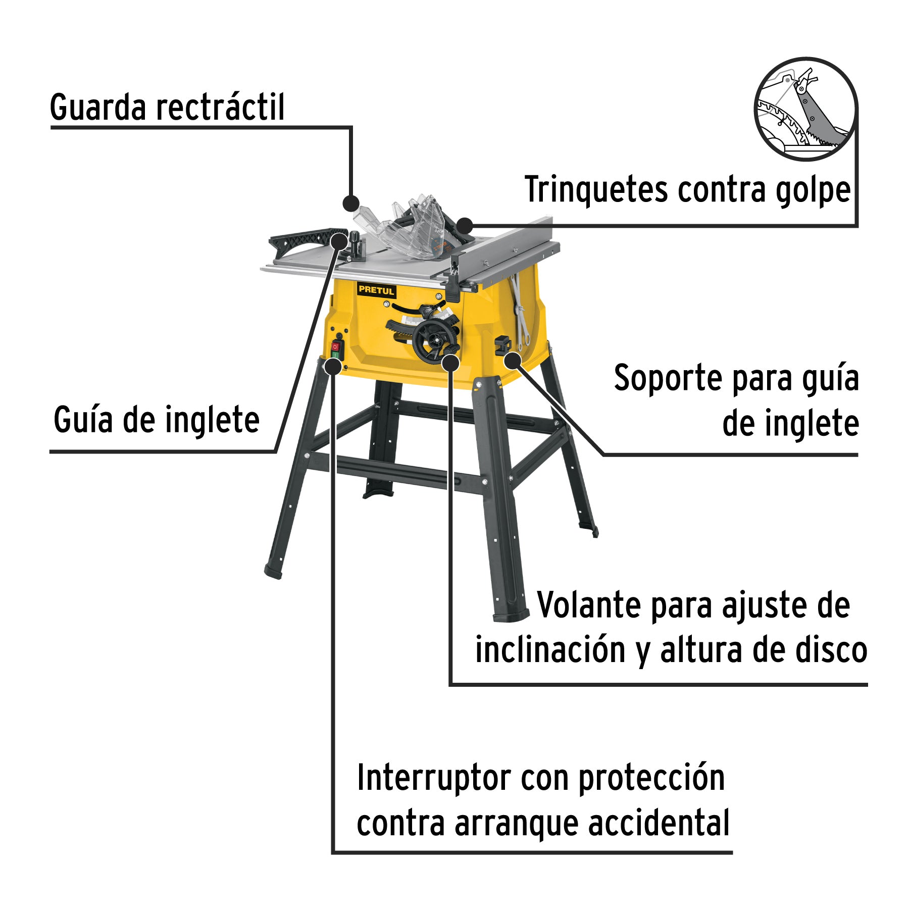Sierra de mesa 10", 2-1/2 HP (1900 W), con base, PRETUL