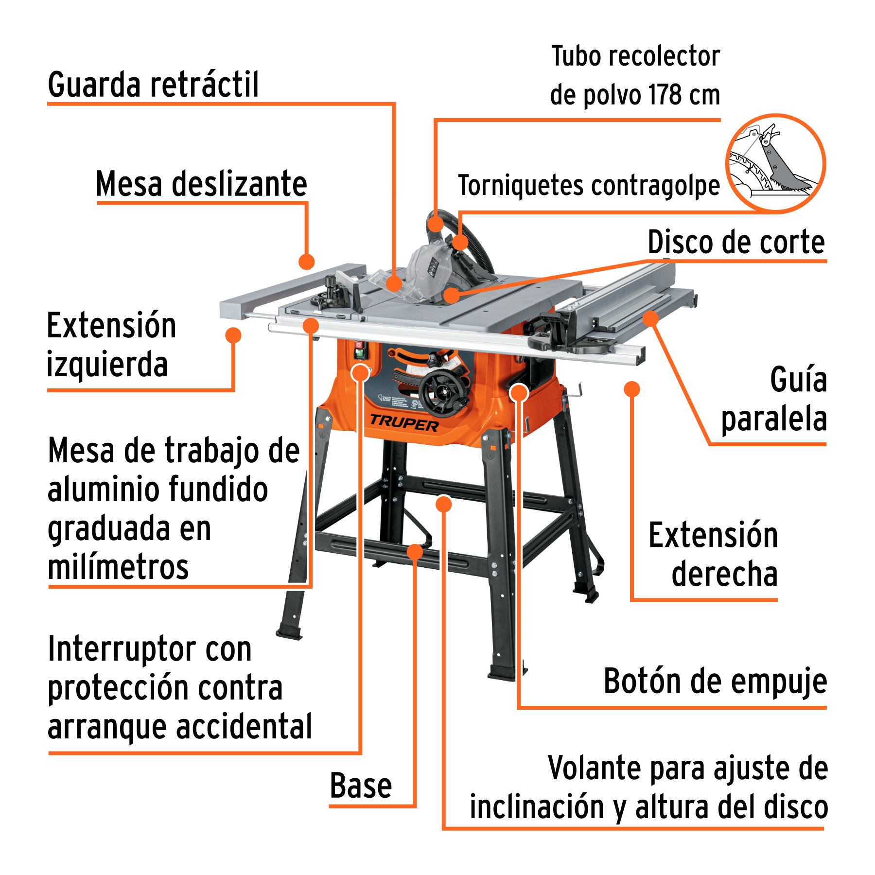 Sierra de mesa 10", 2-1/2 HP (1900 W), con base, TRUPER