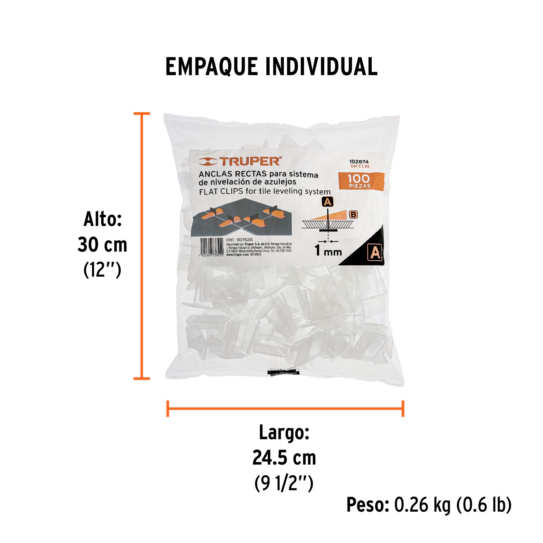 Bolsa con 100 anclas de 1 mm, para nivelación de azulejos - Empaque