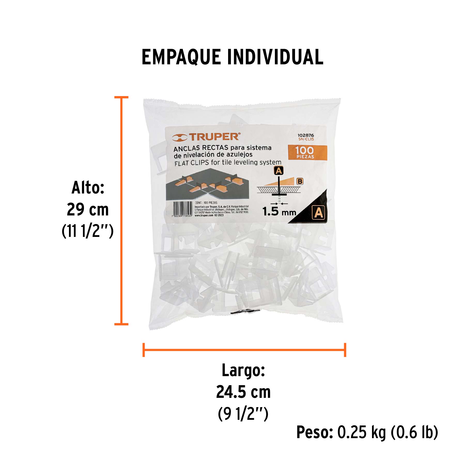 Bolsa con 100 anclas de 1.5 mm, para nivelación de azulejos - Empaque