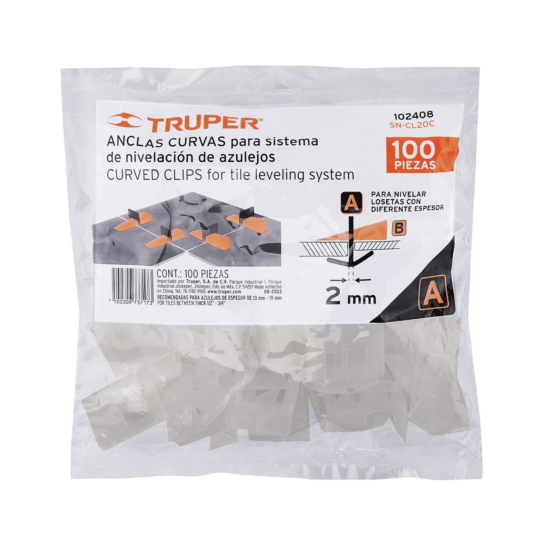 Bolsa c/100 anclas curvas de 2mm para nivelación de azulejos