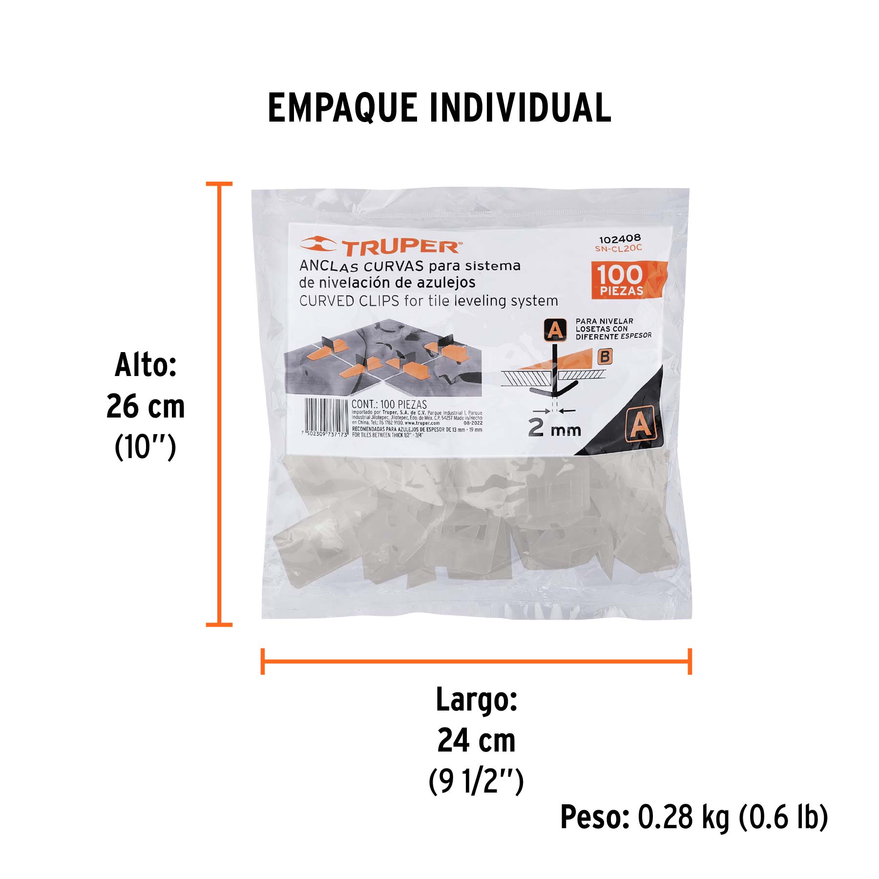 Bolsa c/100 anclas curvas de 2mm para nivelación de azulejos - Empaque