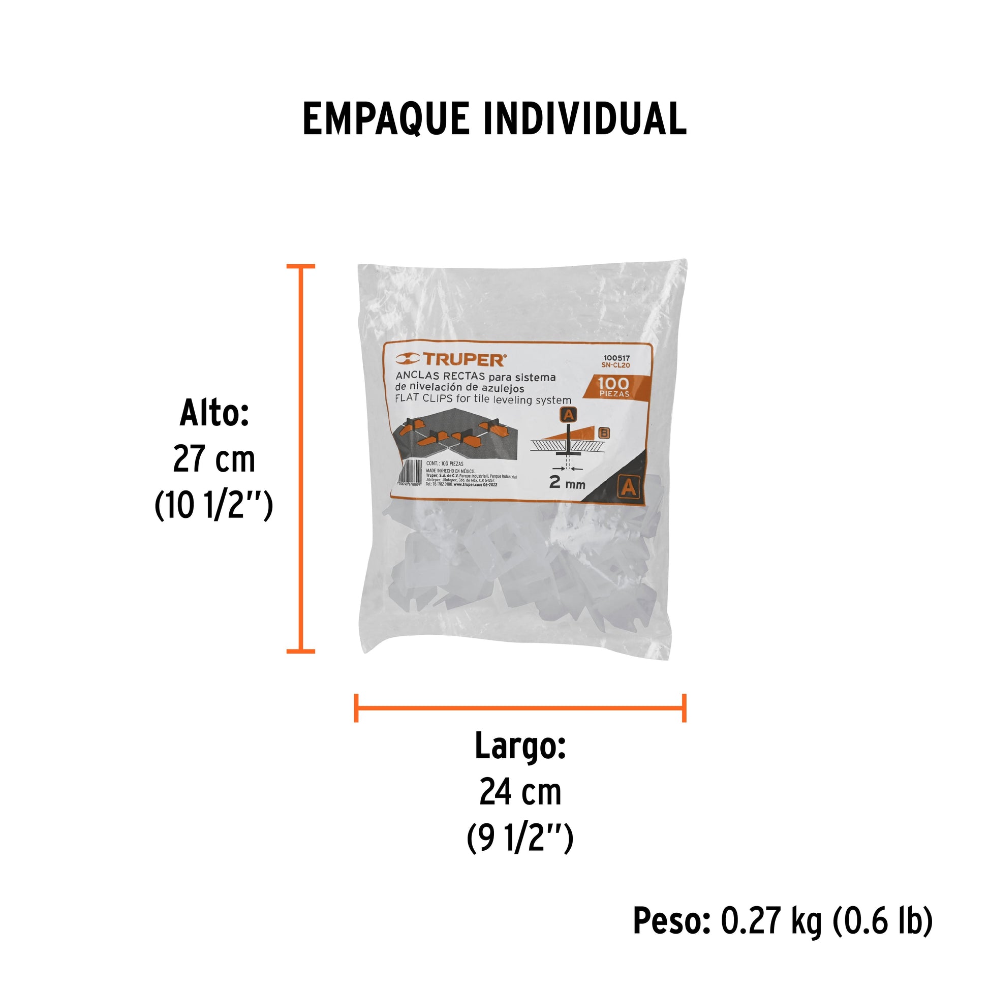 Bolsa con 100 anclas de 2 mm, para nivelación de azulejos - Empaque