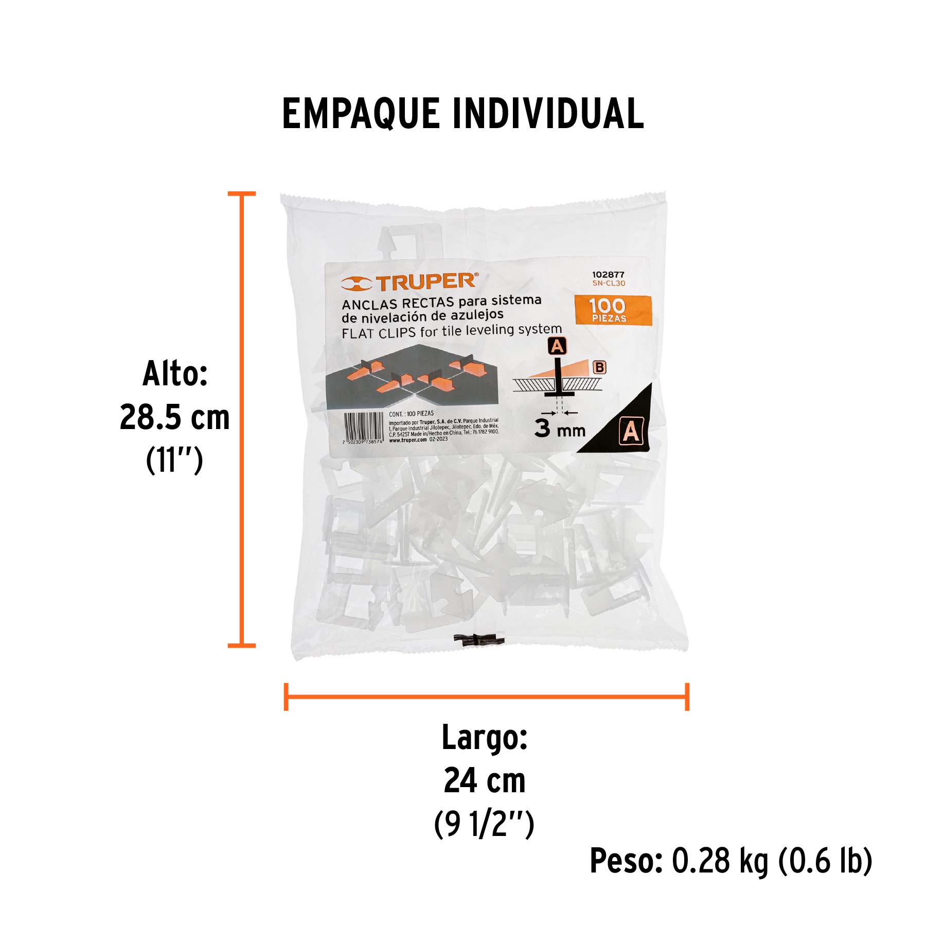 Bolsa con 100 anclas de 3 mm, para nivelación de azulejos - Empaque