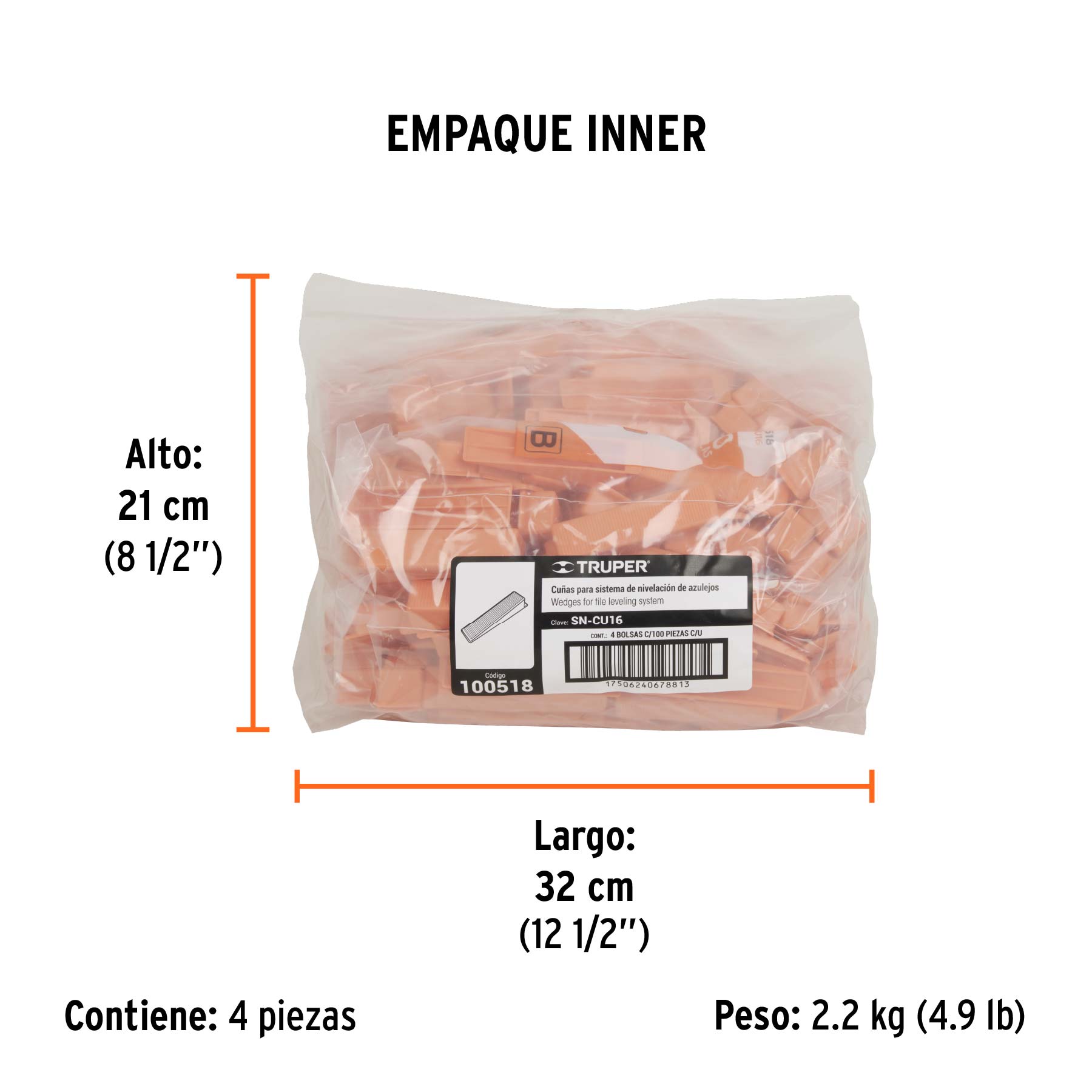 Bolsa con 100 cuñas para nivelación de azulejos, TRUPER - Empaque
