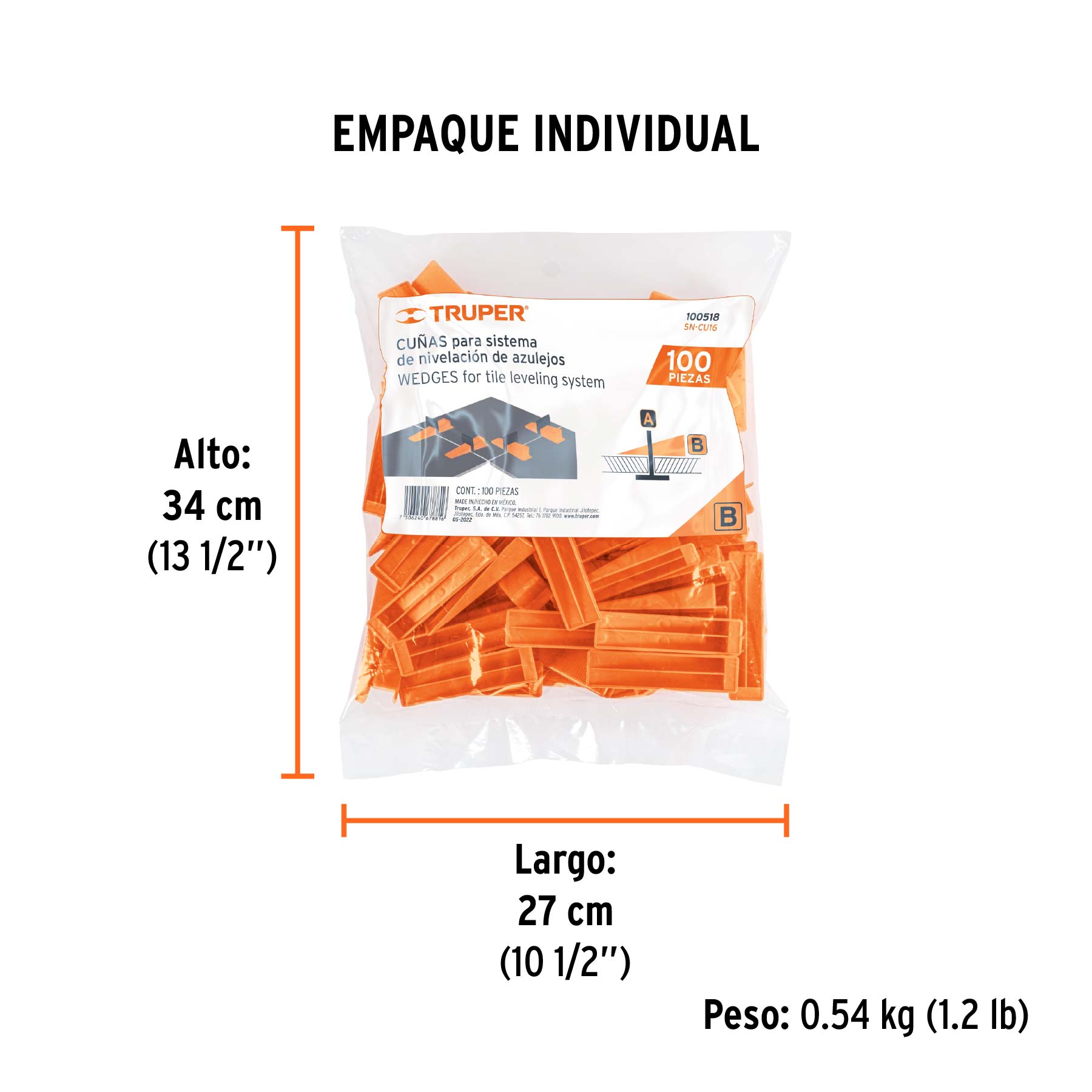 Bolsa con 100 cuñas para nivelación de azulejos, TRUPER - Empaque