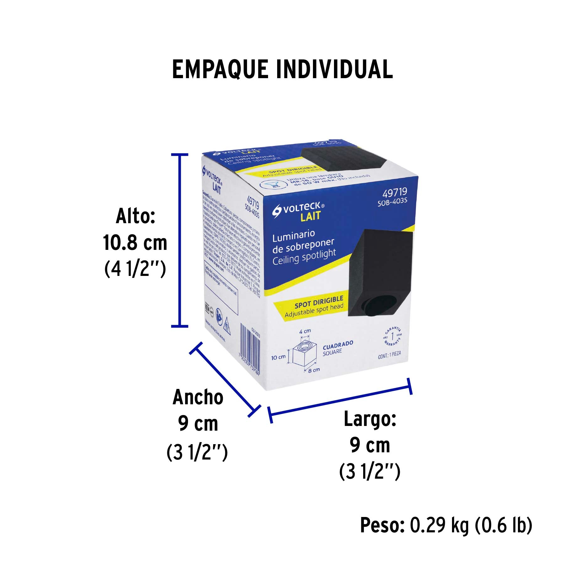 Luminario de sobreponer c/spot dirigible, cuadrado, negro - Empaque
