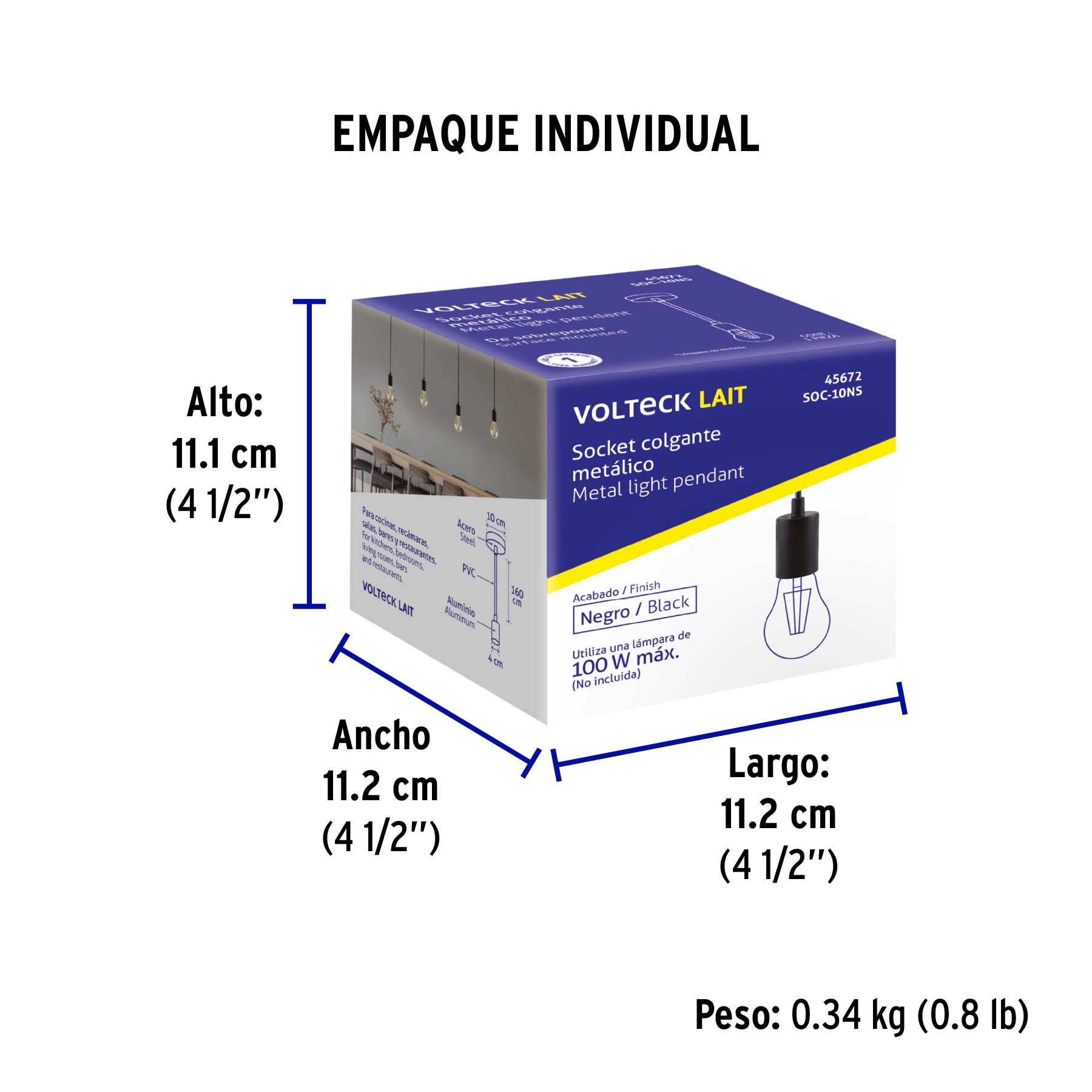 Socket colgante metálico, negro, VOLTECK - Empaque
