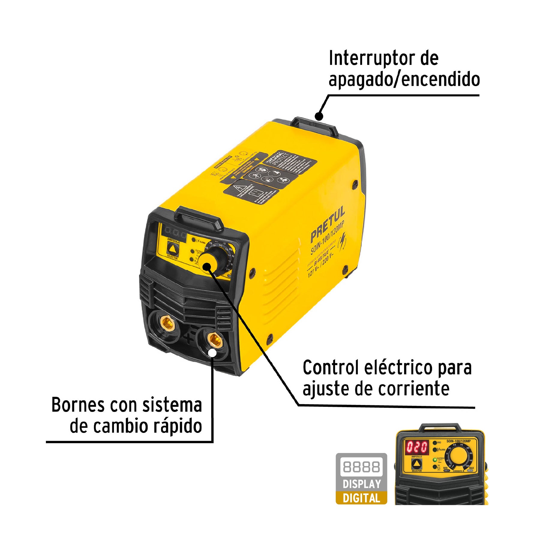 Mini soldadora inversora 130A, bi-voltaje, 127/220V, PRETUL