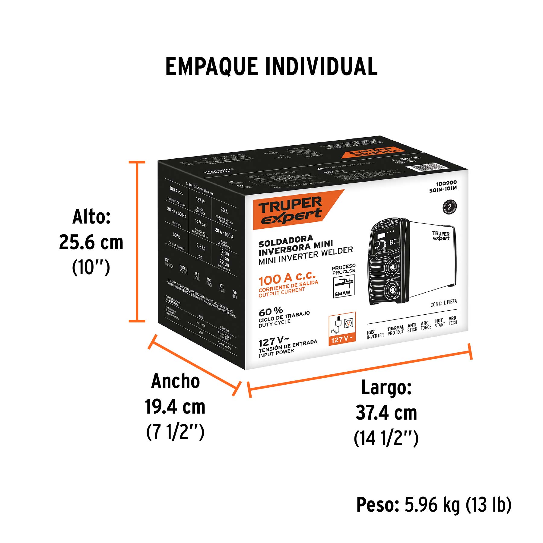 Mini soldadora inversora 100A, 127V, TRUPER EXPERT - Empaque