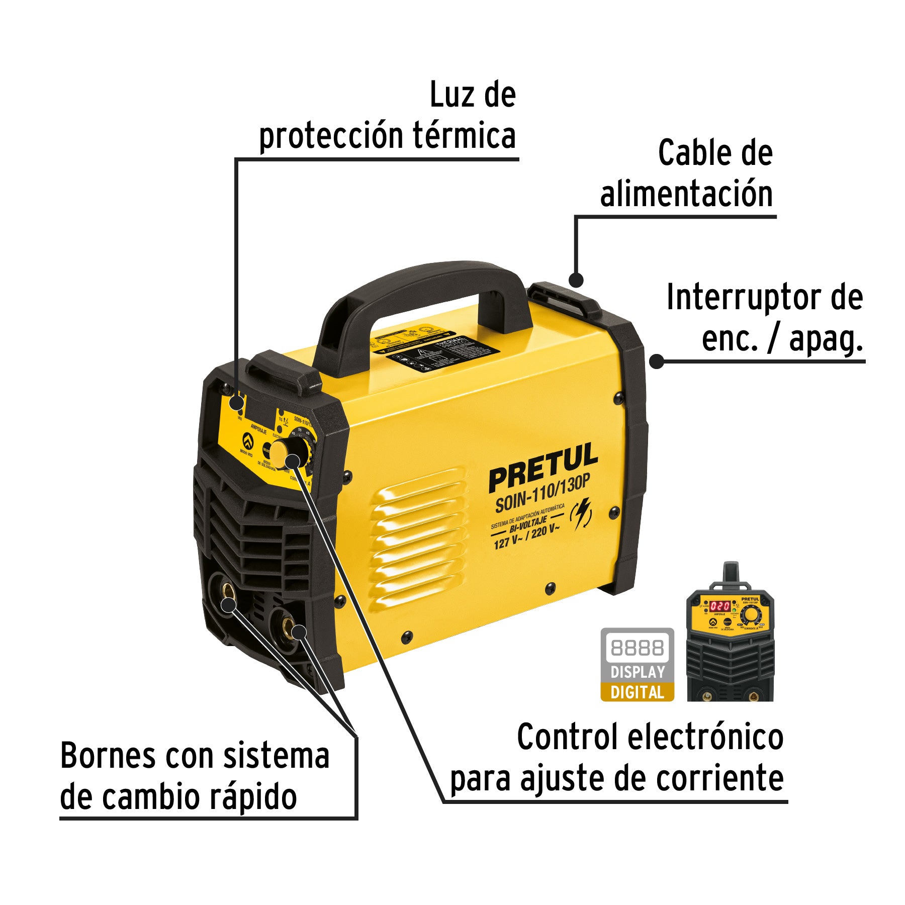 Soldadora inversora 130A, bi-voltaje 127/220V, PRETUL