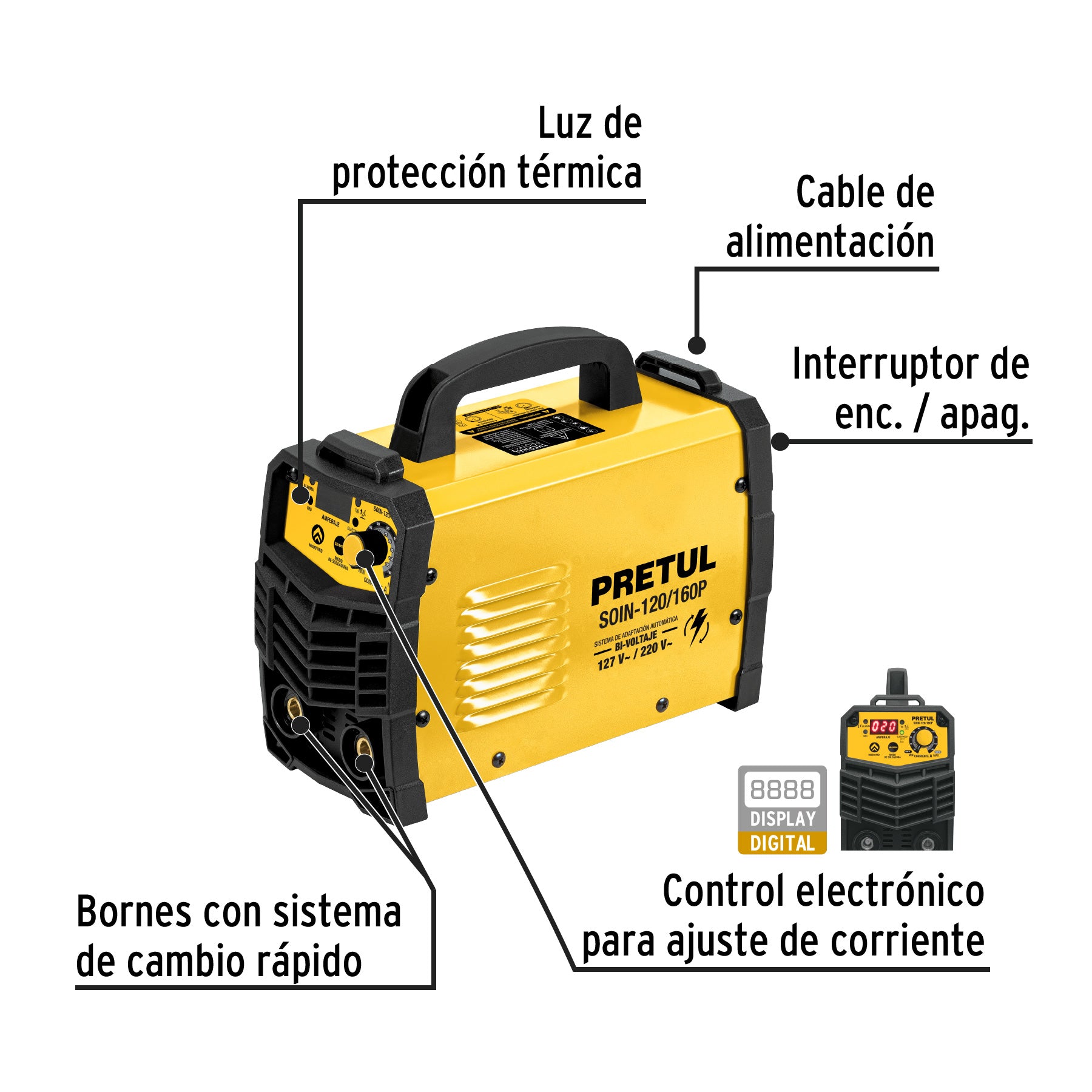 Soldadora inversora 160A, bi-voltaje 127/220V, PRETUL