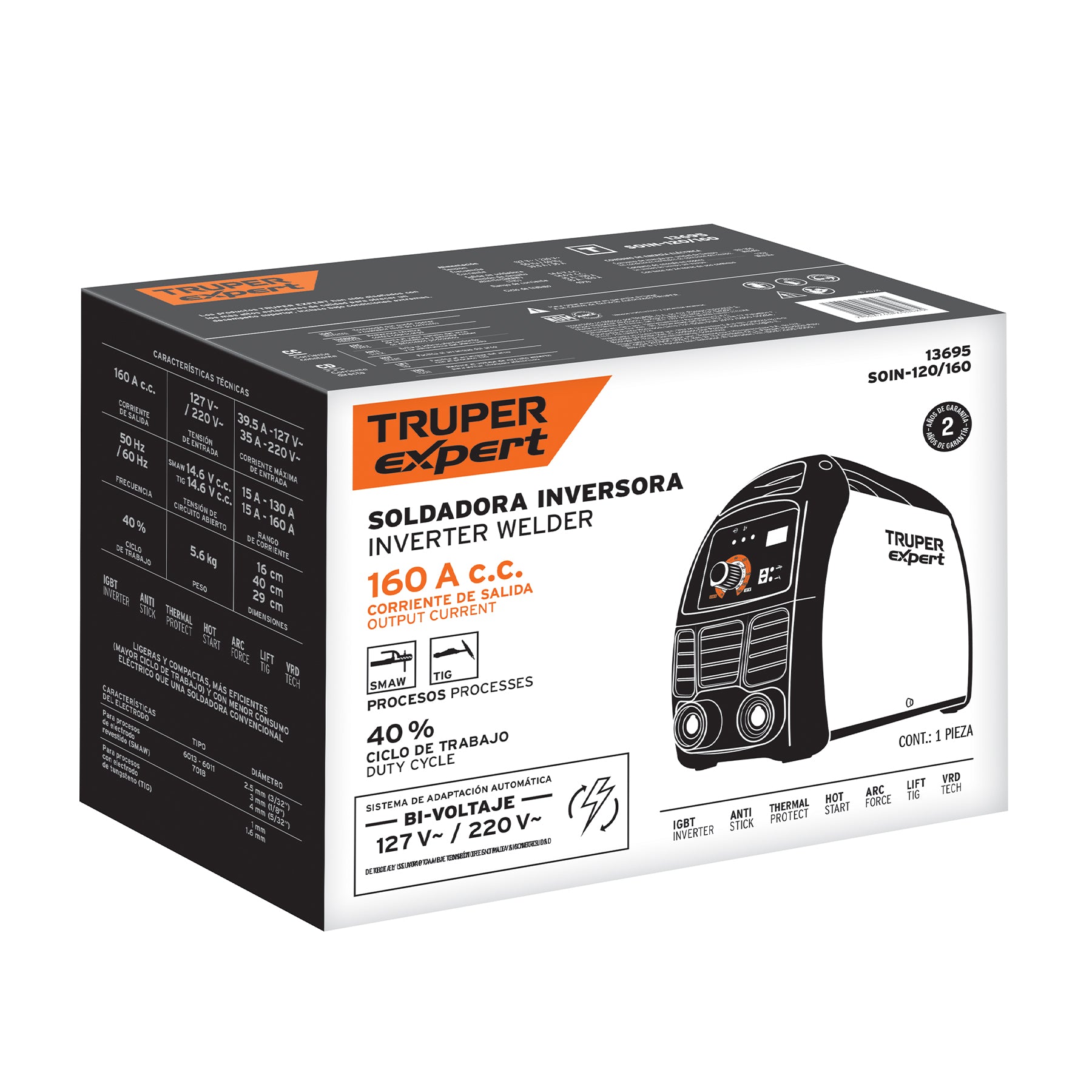 Soldadora inversora 160A, bi-voltaje 127/220V, TRUPER EXPERT