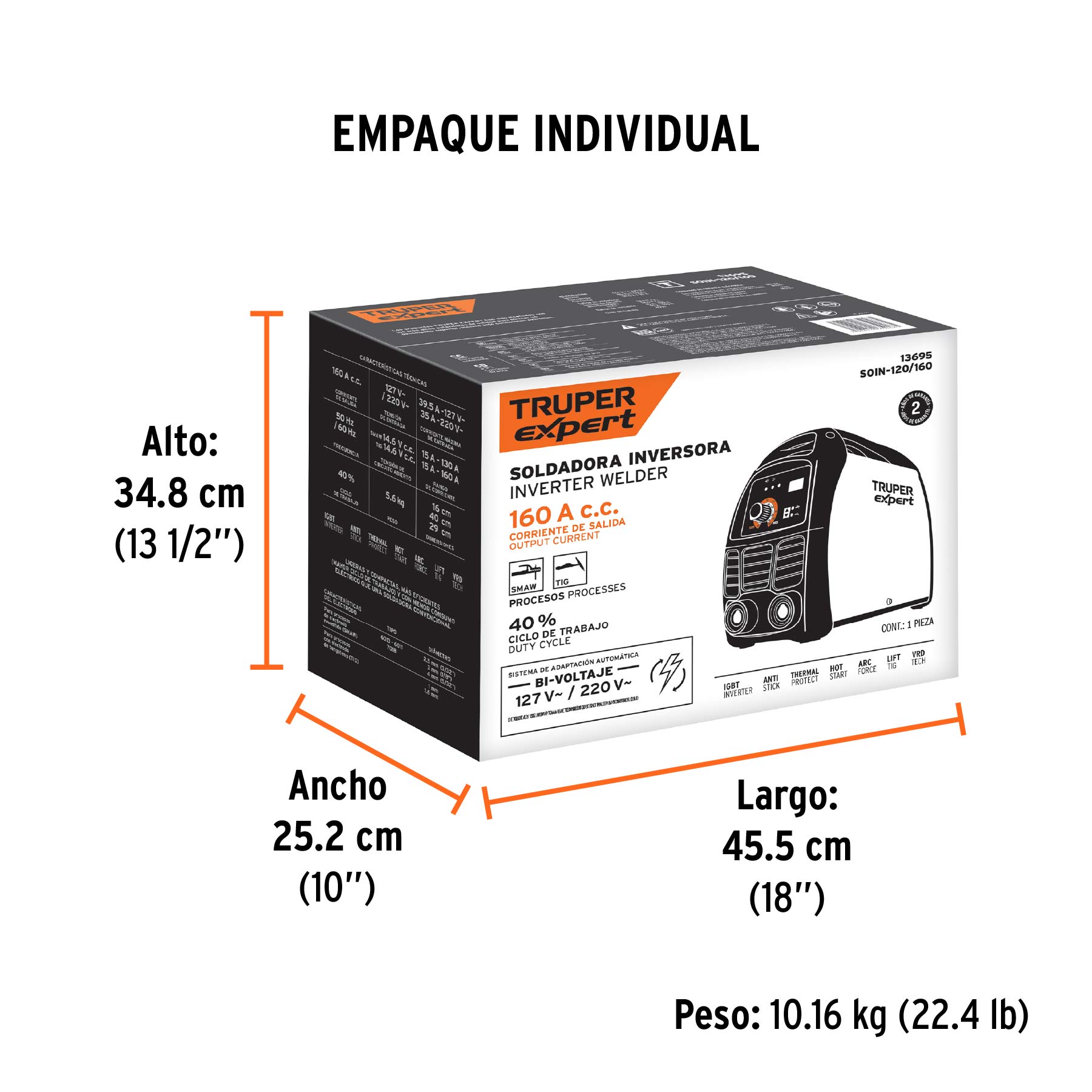Soldadora inversora 160A, bi-voltaje 127/220V, TRUPER EXPERT - Empaque