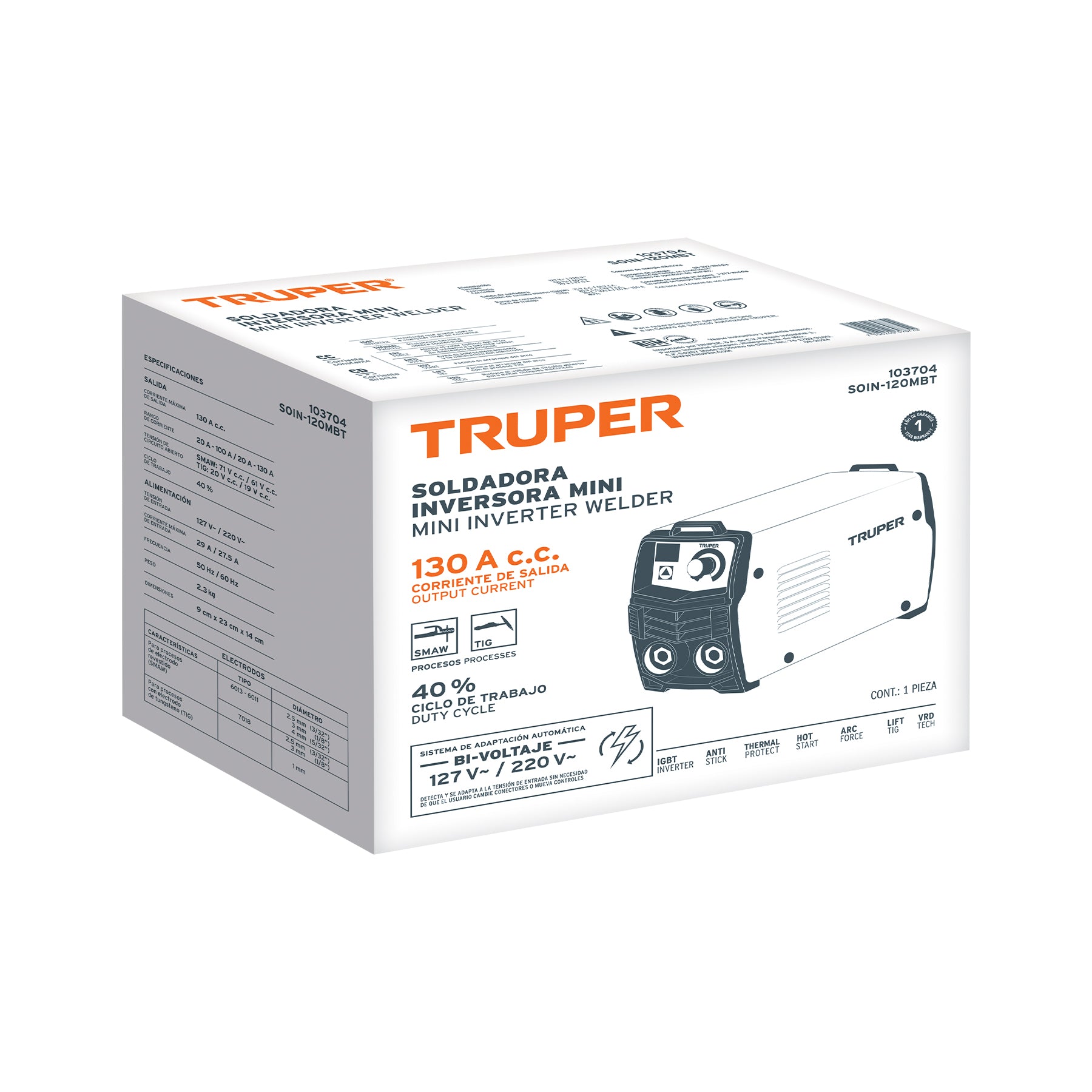 Mini soldadora inversora 130A, bi-voltaje 127/220V, TRUPER