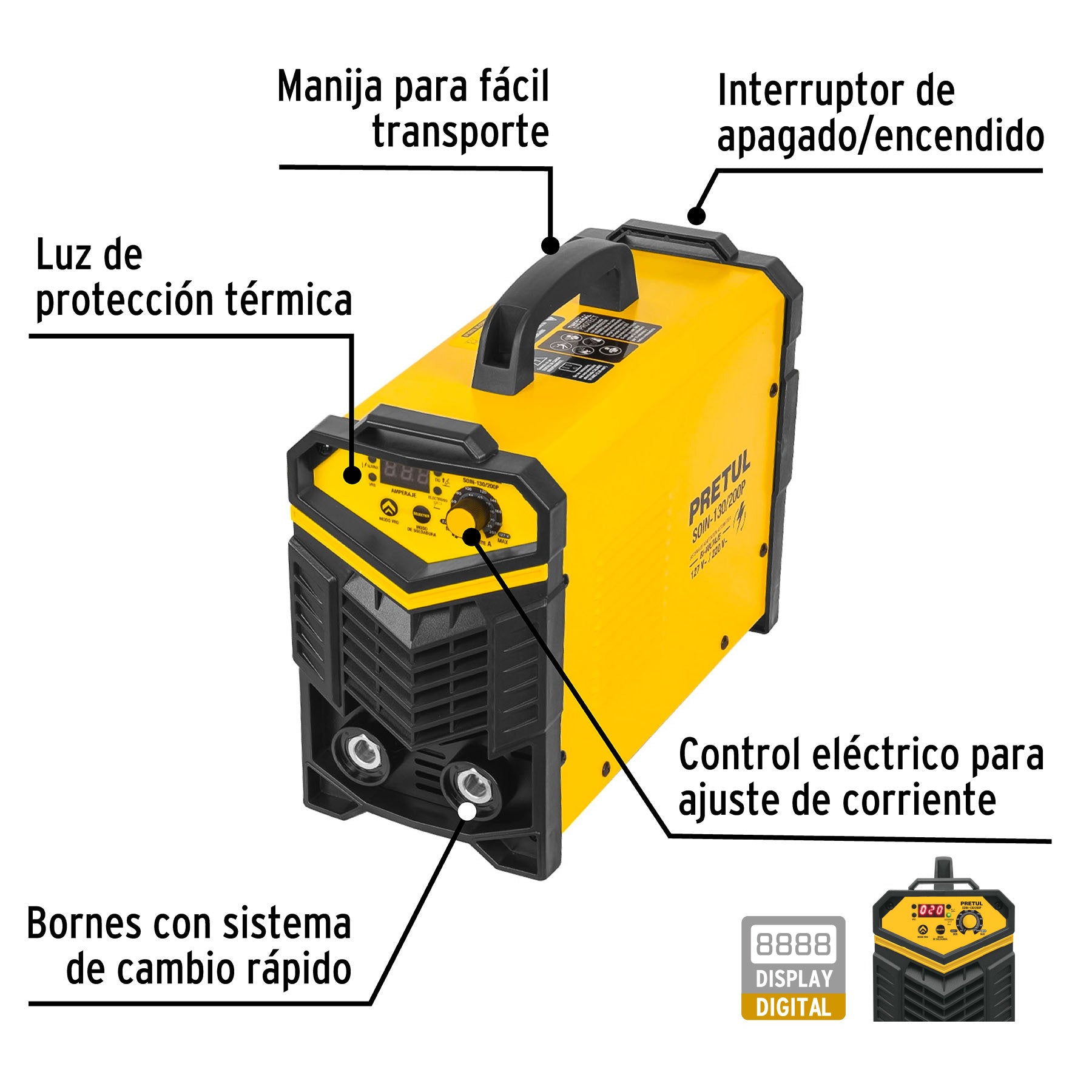 Soldadora inversora 200A, bi-voltaje 127/220V, PRETUL