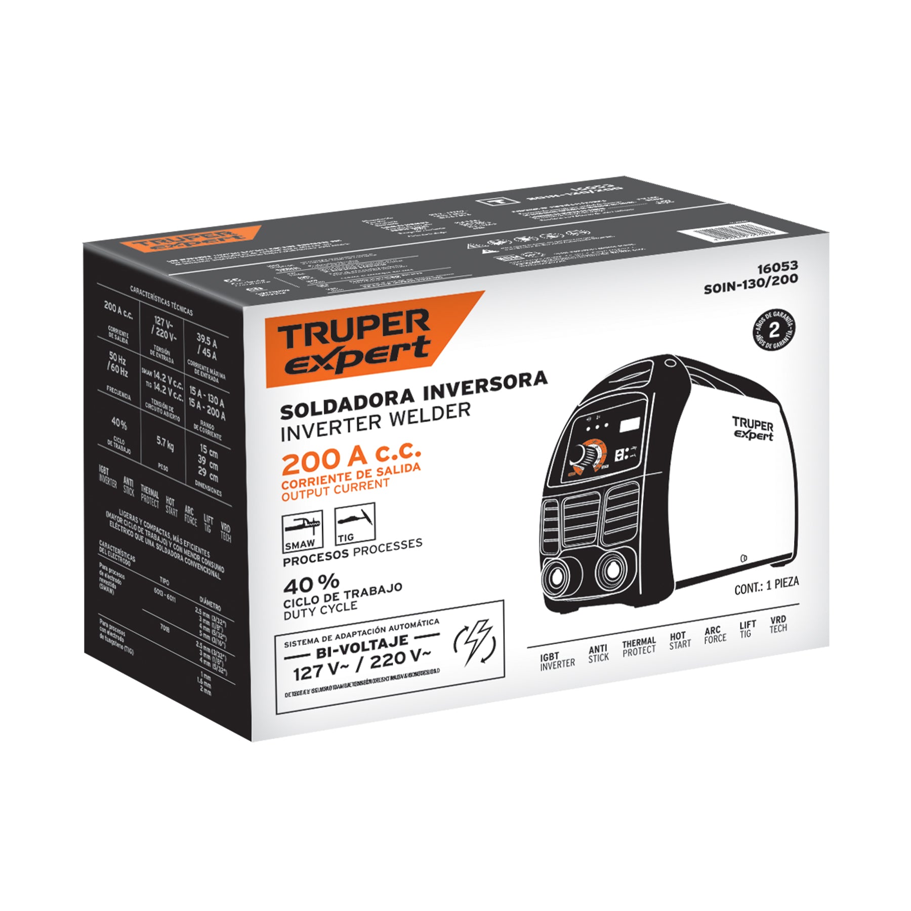 Soldadora inversora 200A, bi-voltaje 127/220V, TRUPER EXPERT