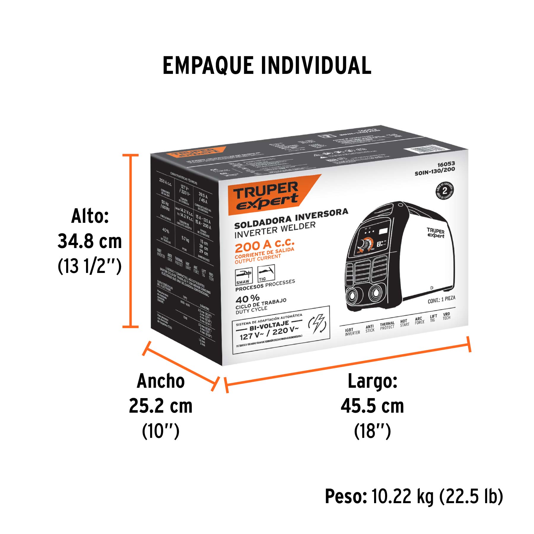 Soldadora inversora 200A, bi-voltaje 127/220V, TRUPER EXPERT - Empaque