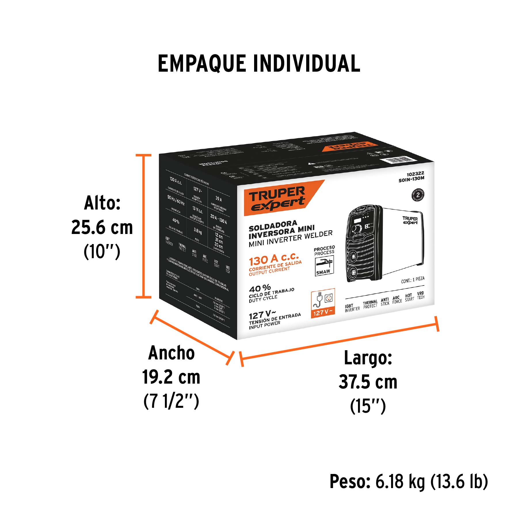 Mini soldadora inversora 130A, 127V, TRUPER EXPERT - Empaque