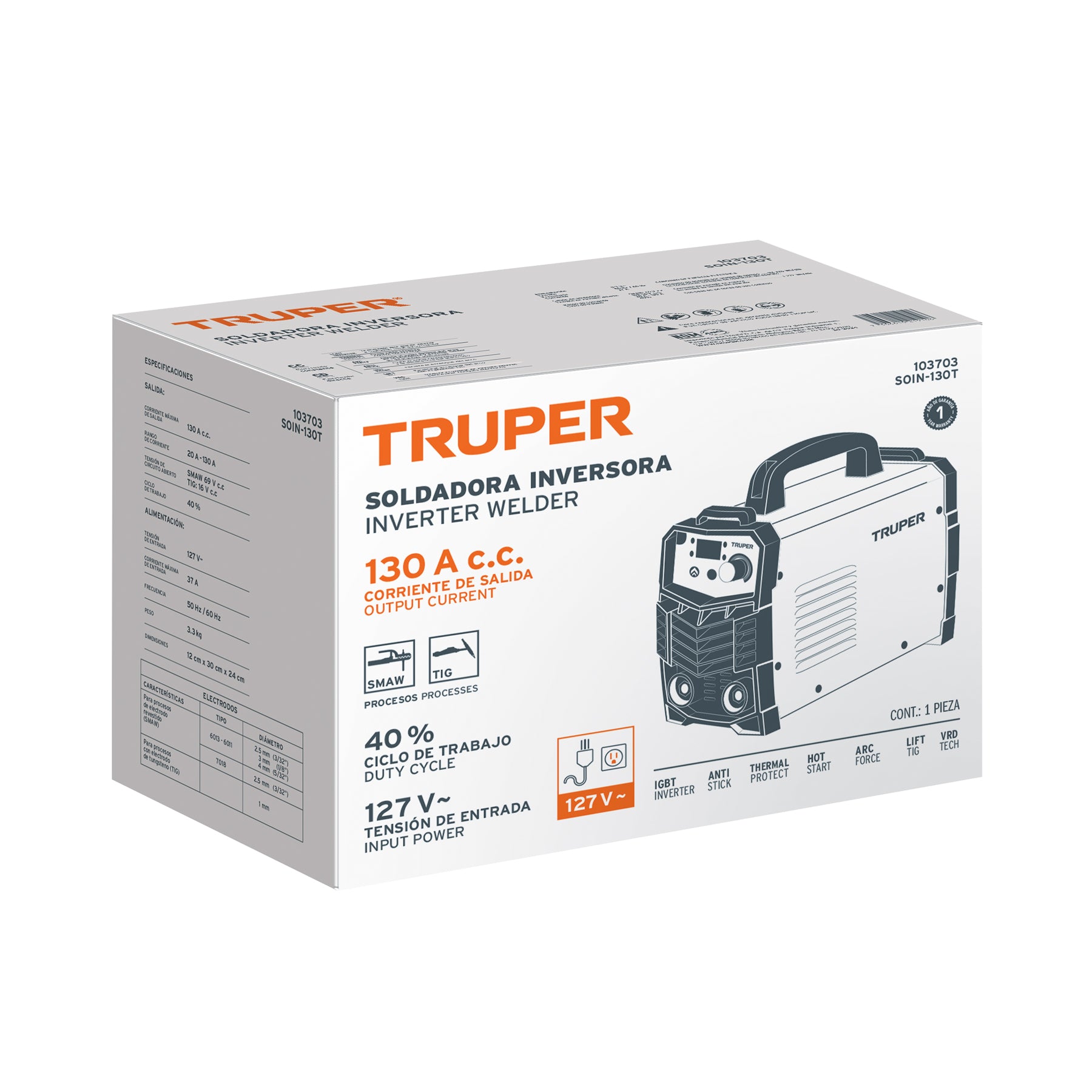 Soldadora inversora 130A, 127V, TRUPER