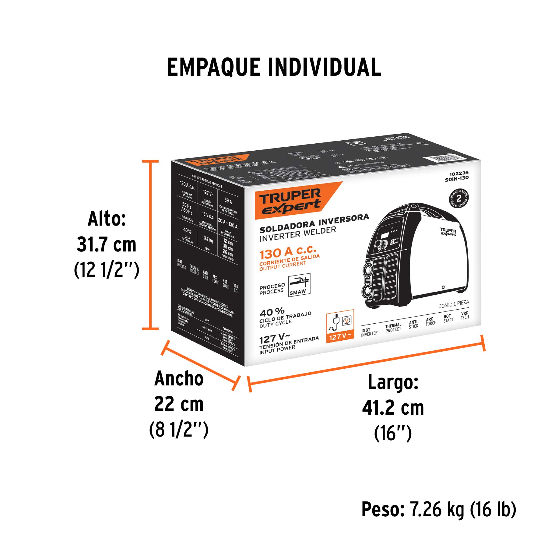 Soldadora inversora 130A, 127V, TRUPER EXPERT - Empaque