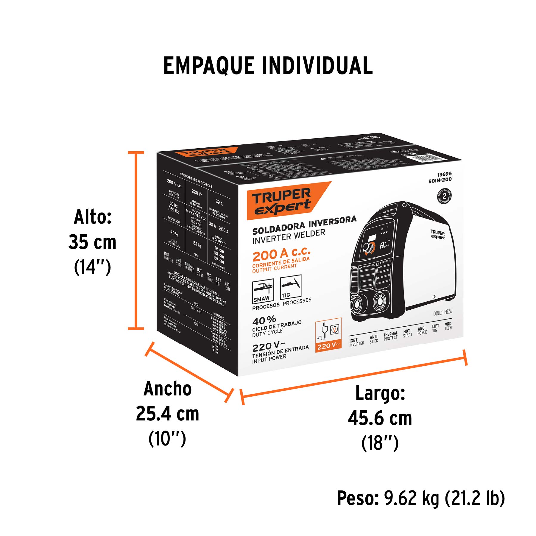 Soldadora inversora 200A, 220V, TRUPER EXPERT - Empaque