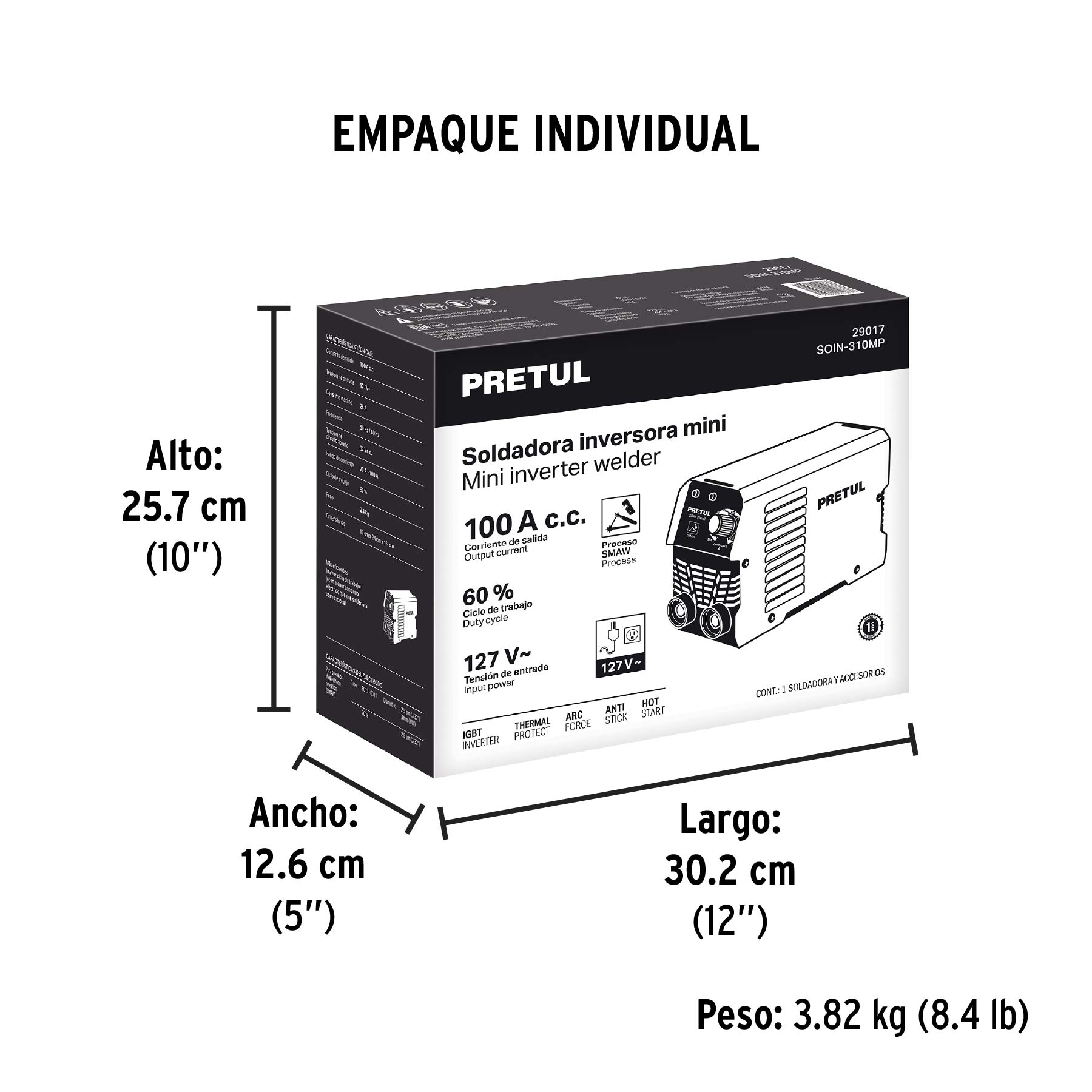 Mini soldadora inversora 100A, 127V, Serie 300, PRETUL - Empaque