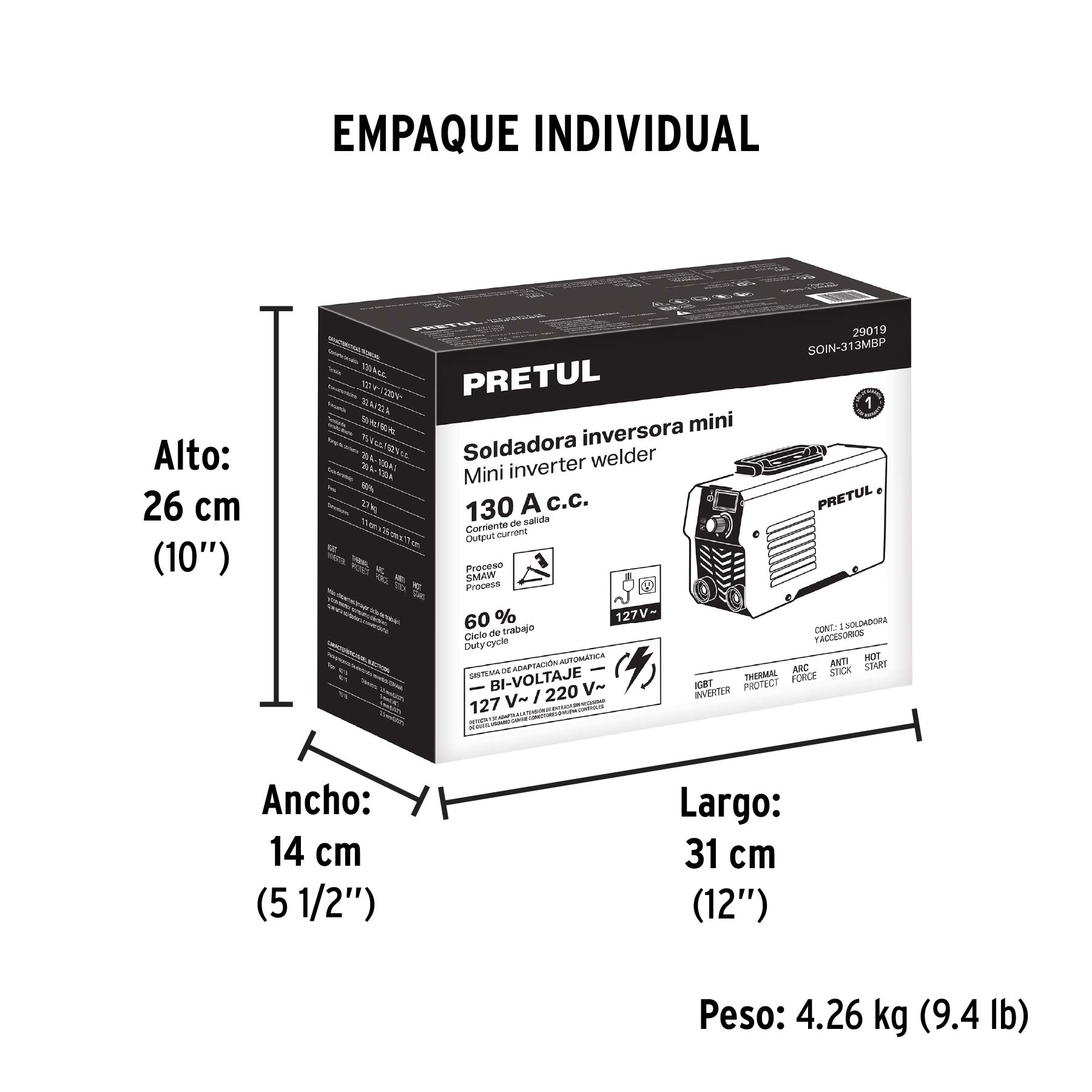 Mini soldadora inversora 130A, bi-voltaje, Serie 300, PRETUL - Empaque