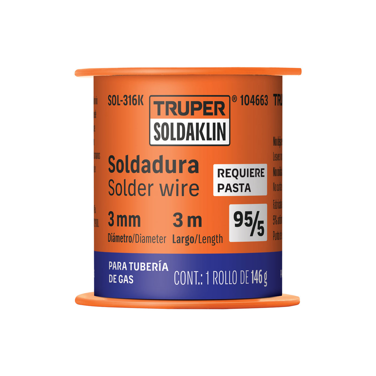 Soldadura 95/5 para tubería de gas, 158 g, SOLDAKLIN