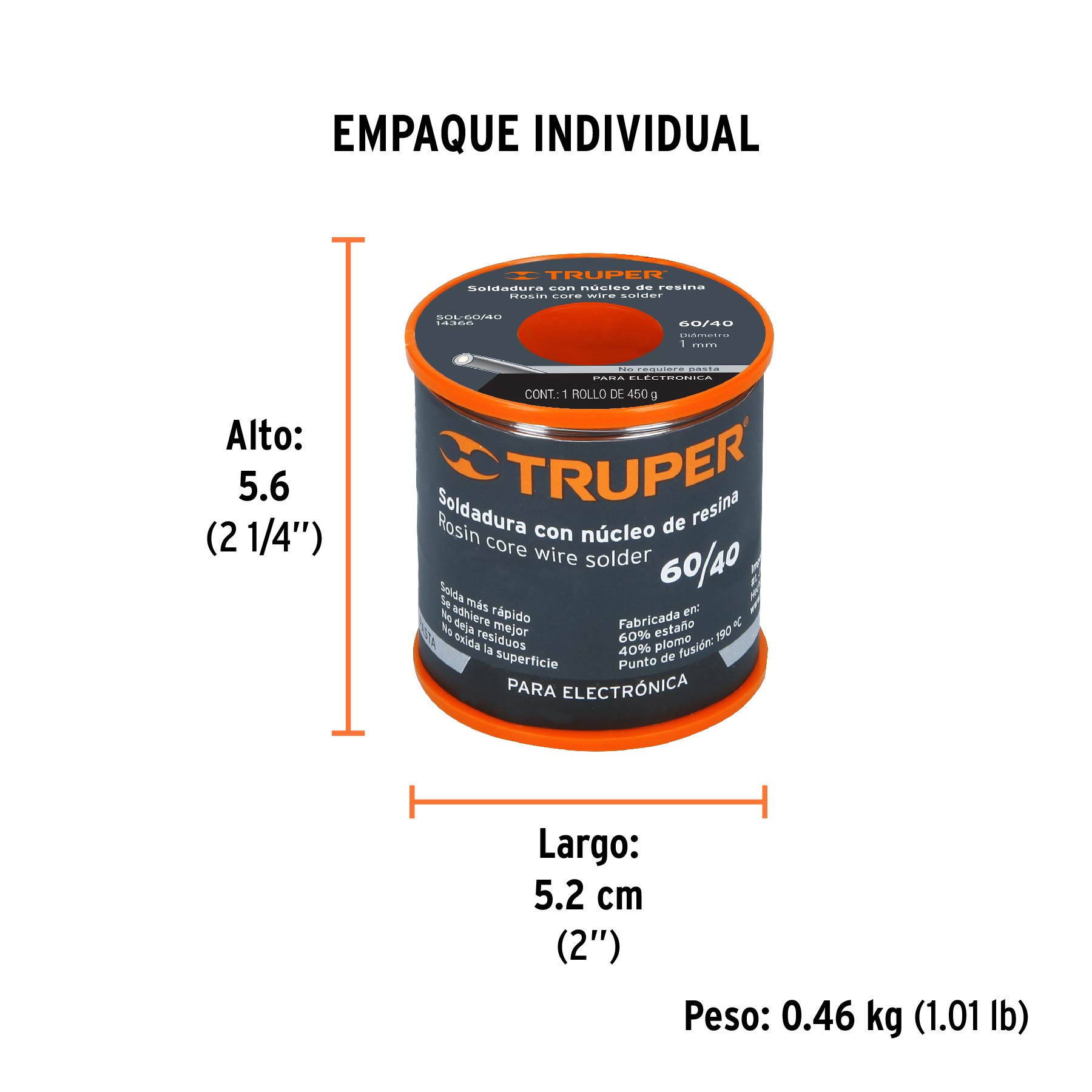 Soldadura 60/40 para electrónica, 450 g, TRUPER SOLDAFÁCIL - Empaque