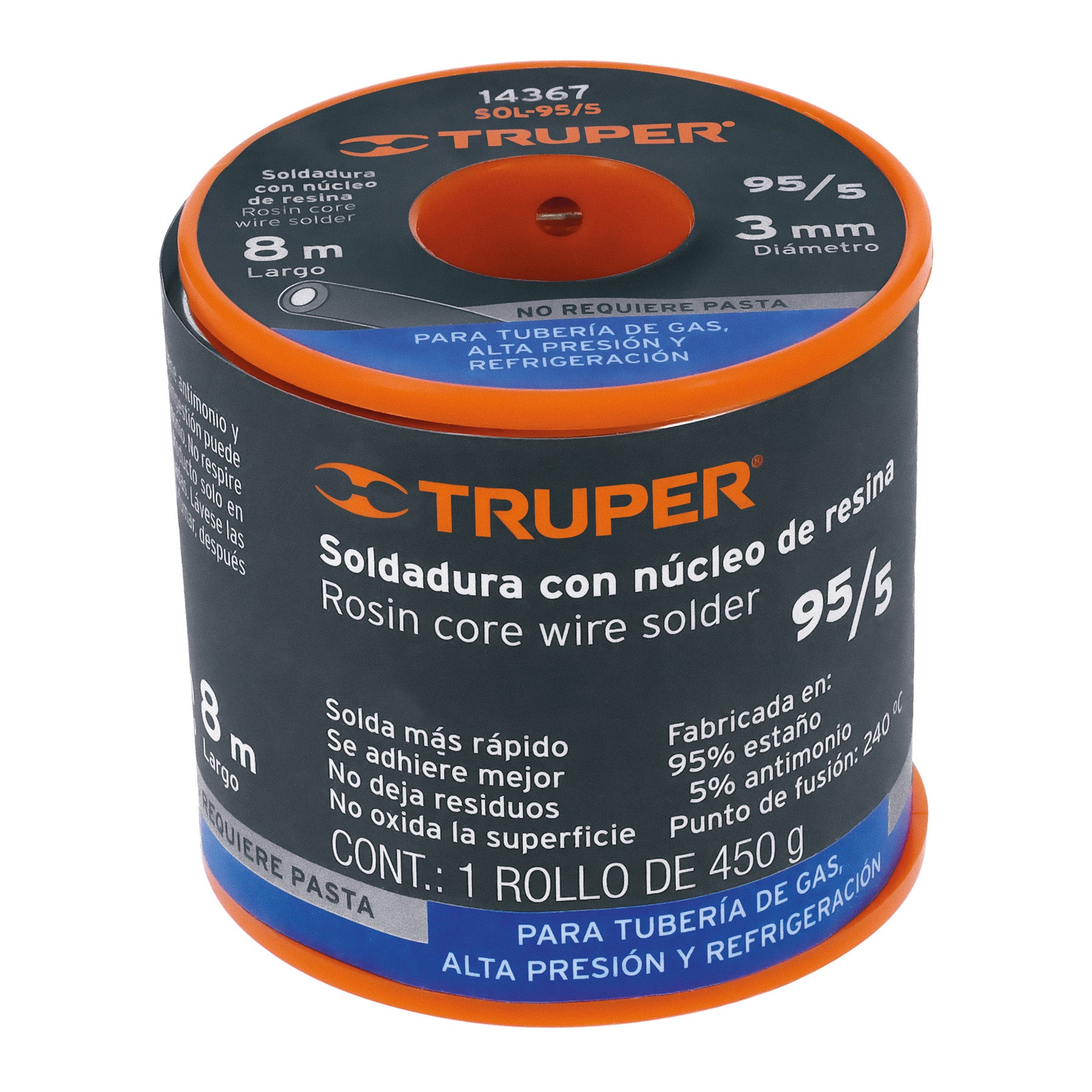 Soldadura 95/5 para tubería de gas, 450 g, TRUPER SOLDAFÁCIL