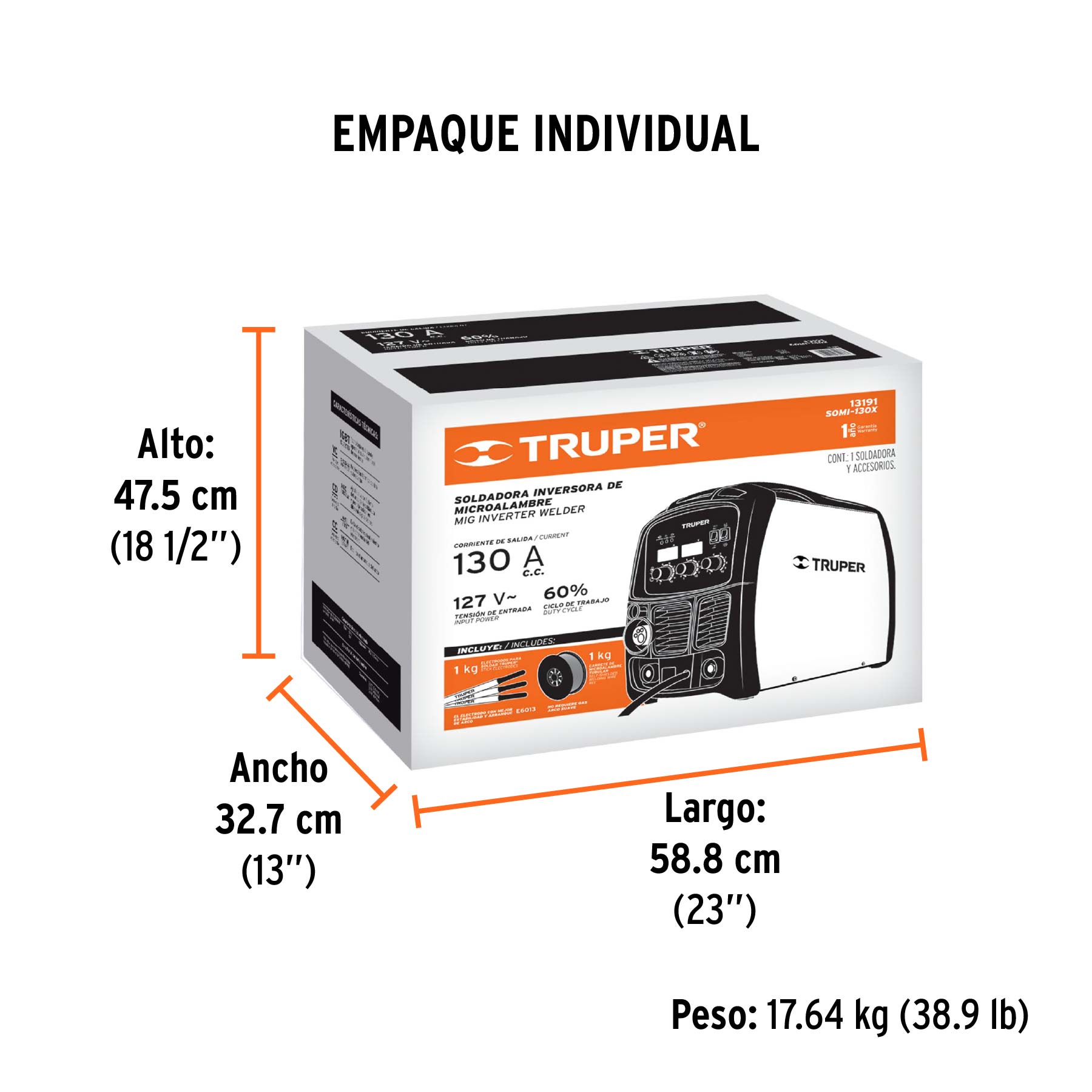 Soldadora para microalambre y electrodo, 130A, TRUPER - Empaque