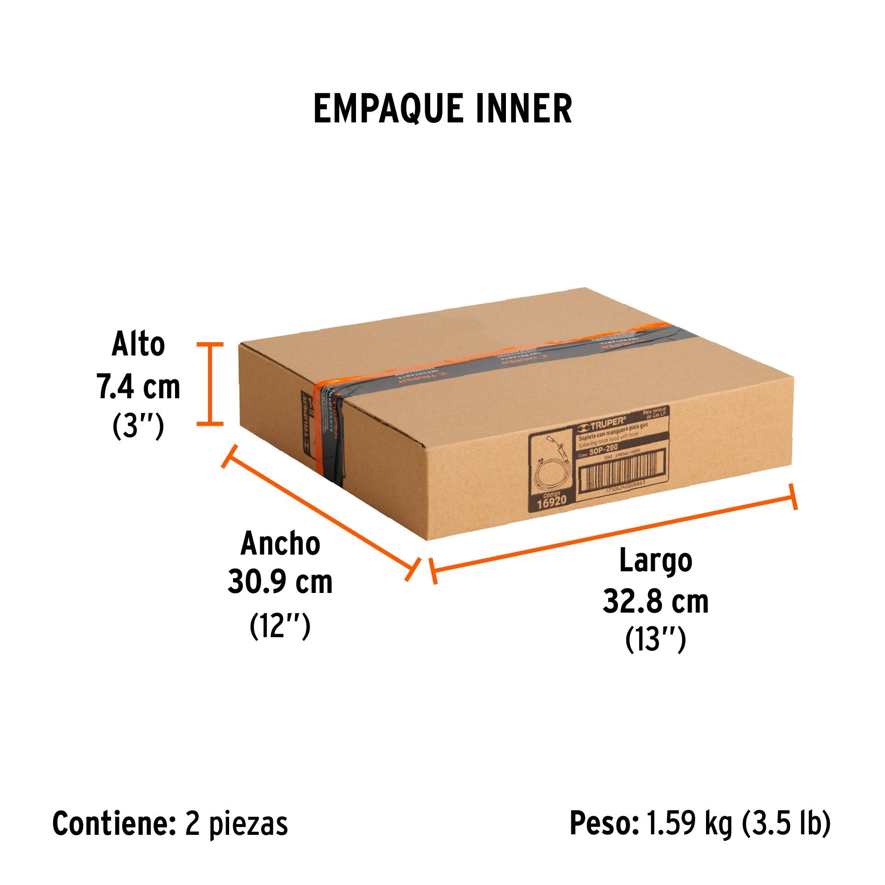 Soplete de latón con manguera de 2 m, punta pol 7/8", TRUPER - Empaque