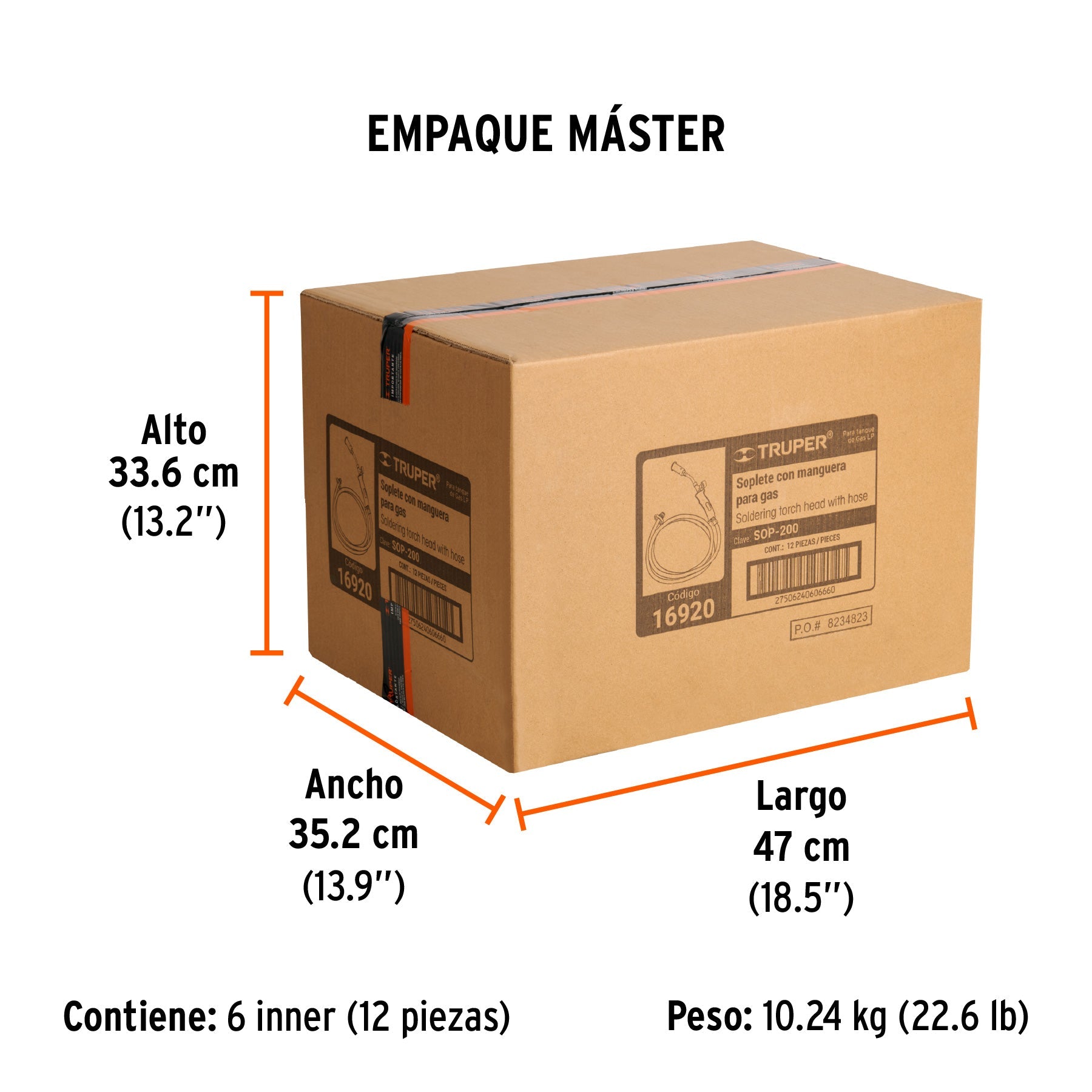 Soplete de latón con manguera de 2 m, punta pol 7/8", TRUPER - Empaque