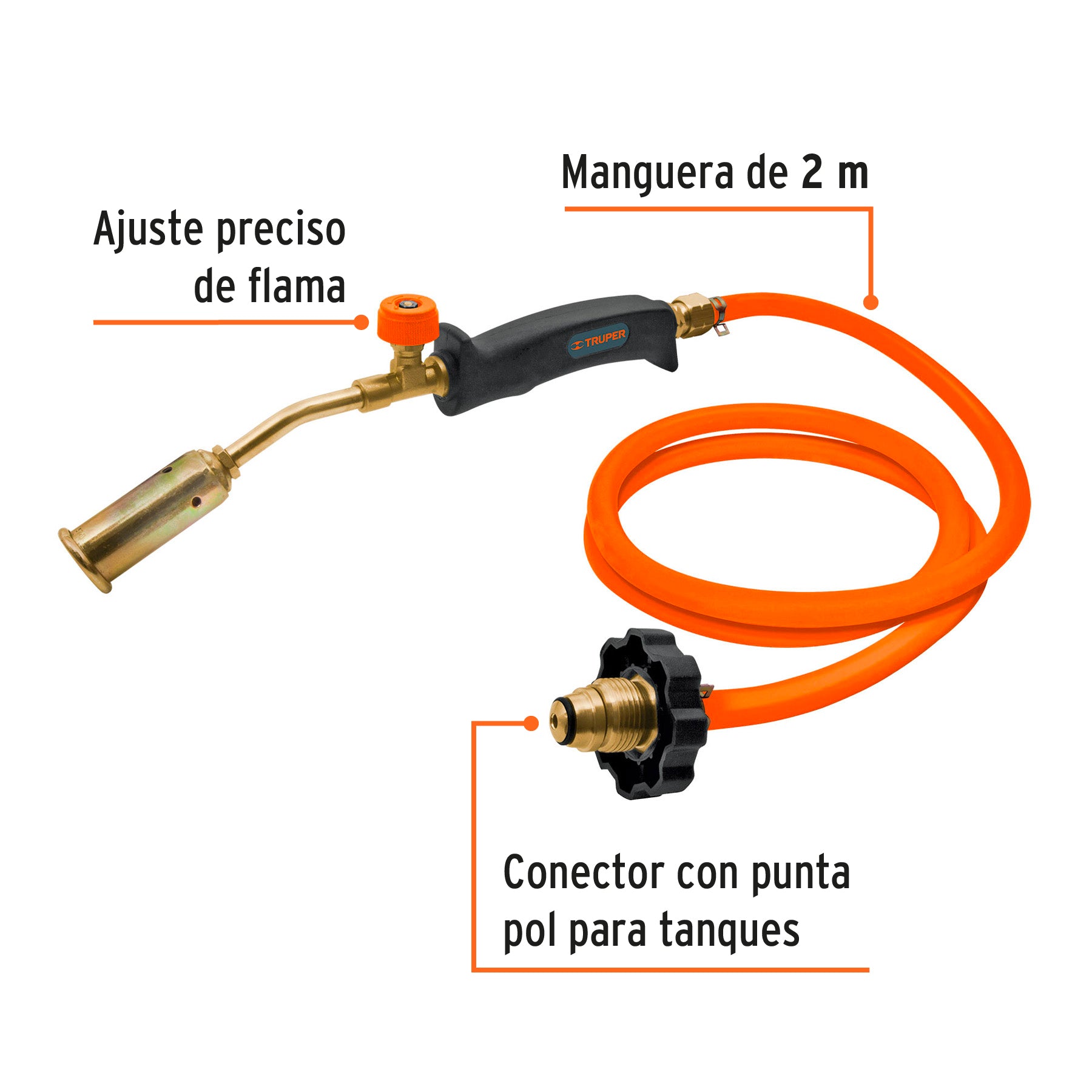 Soplete de latón con manguera de 2 m, punta pol 7/8", TRUPER