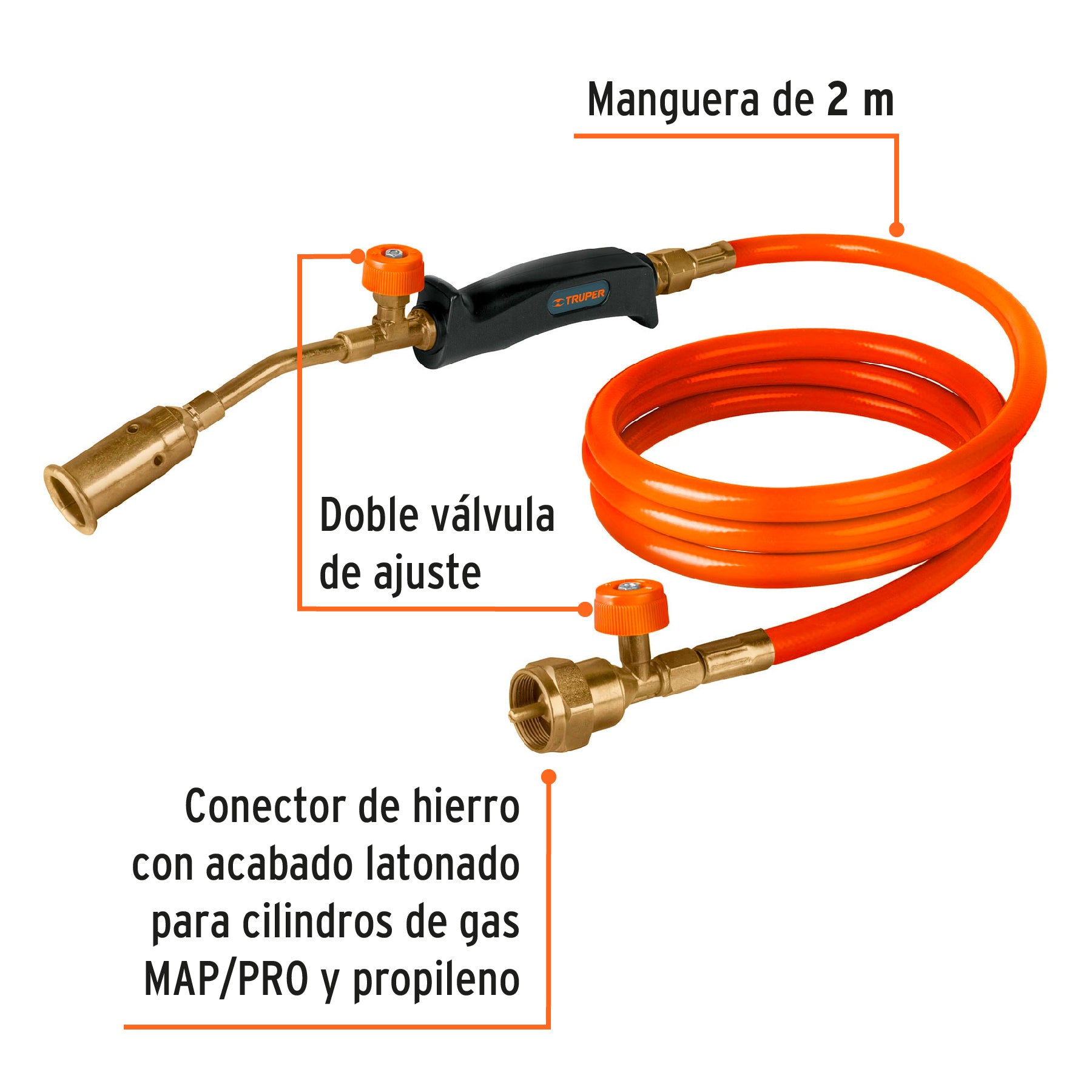 Soplete de acero, con manguera de 2 m, rosca 1/2", TRUPER
