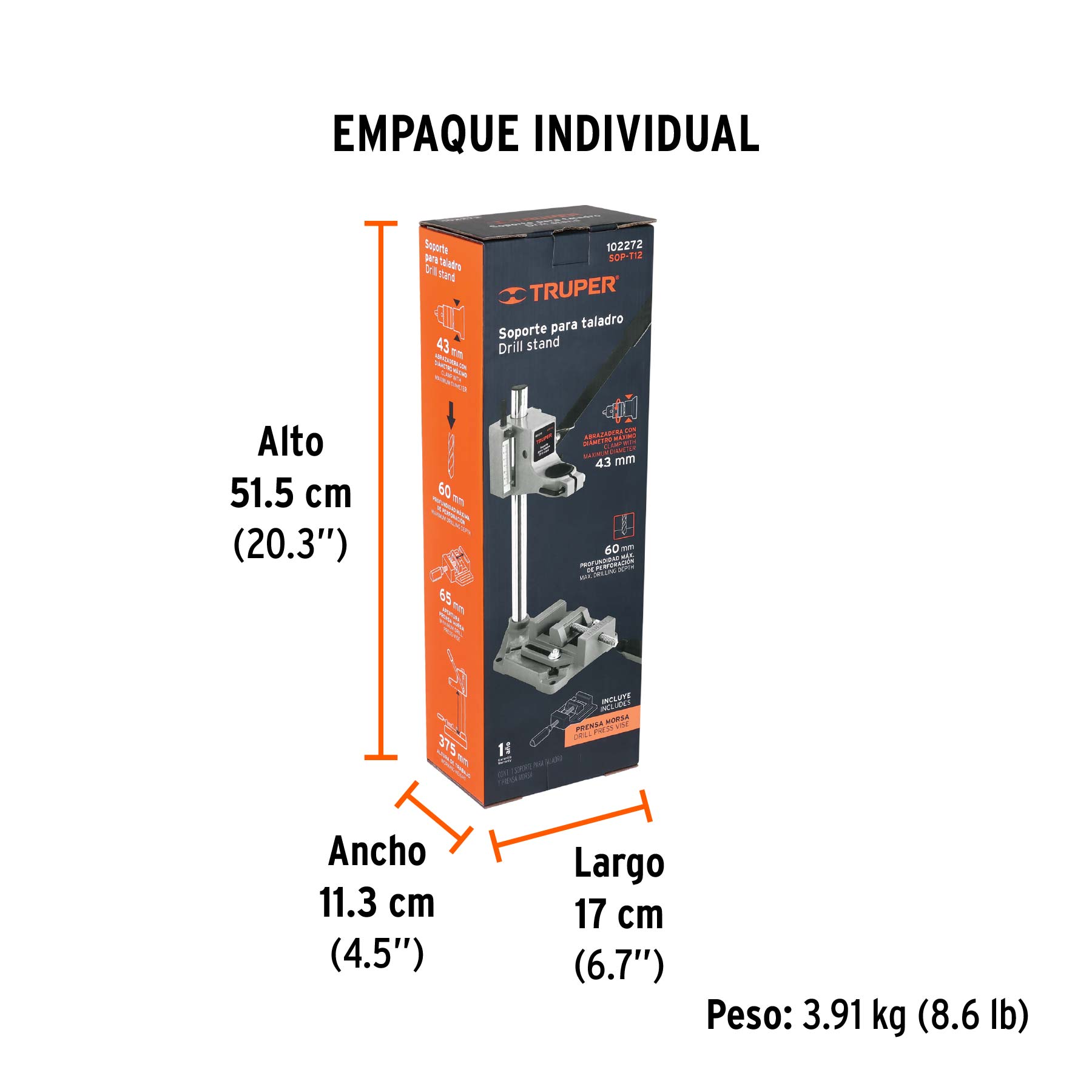 Soporte vertical para taladro 3/8"-1/2", TRUPER - Empaque