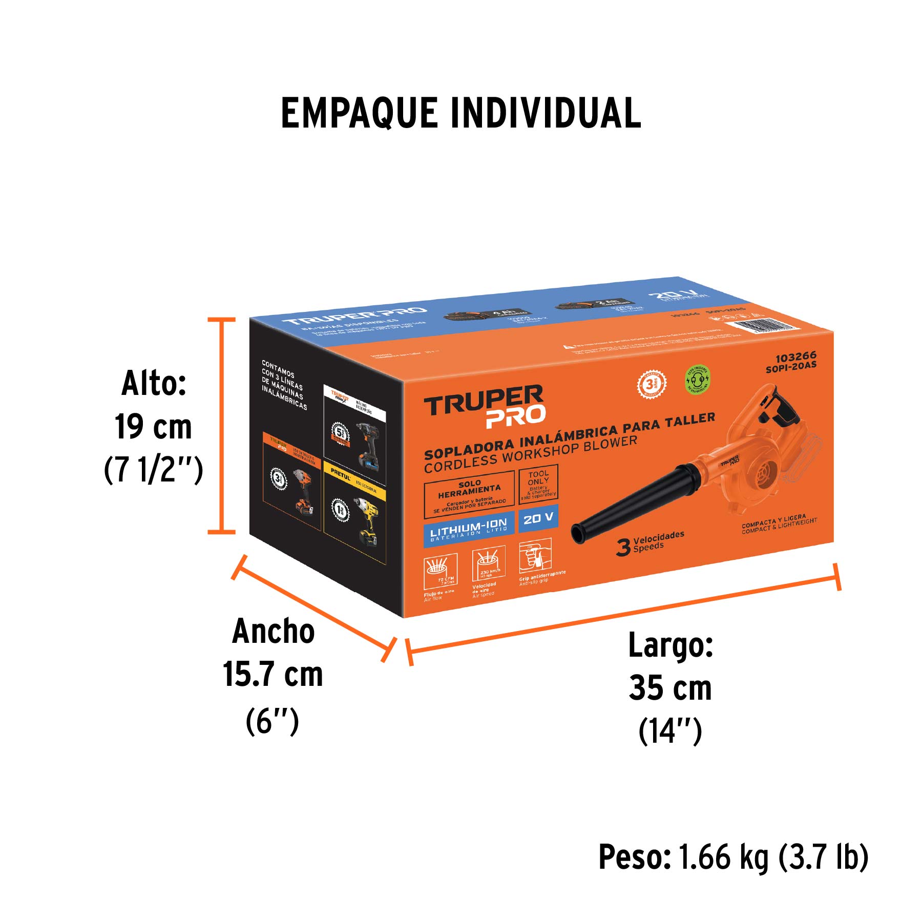 Sopladora para taller, 20V, sin accesorios, TRUPER PRO - Empaque