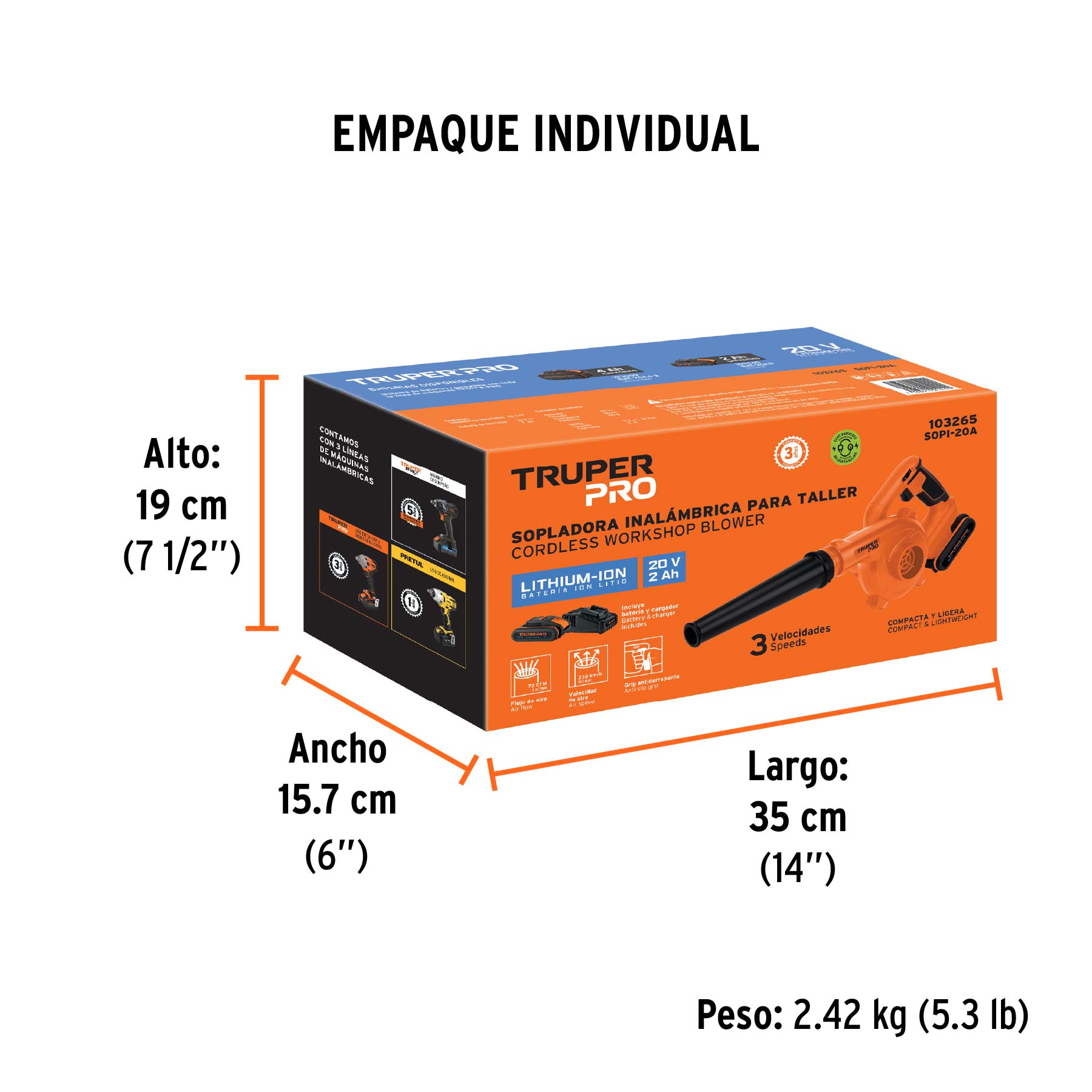 Sopladora para taller, 20V, 1 batería 2Ah, TRUPER PRO - Empaque