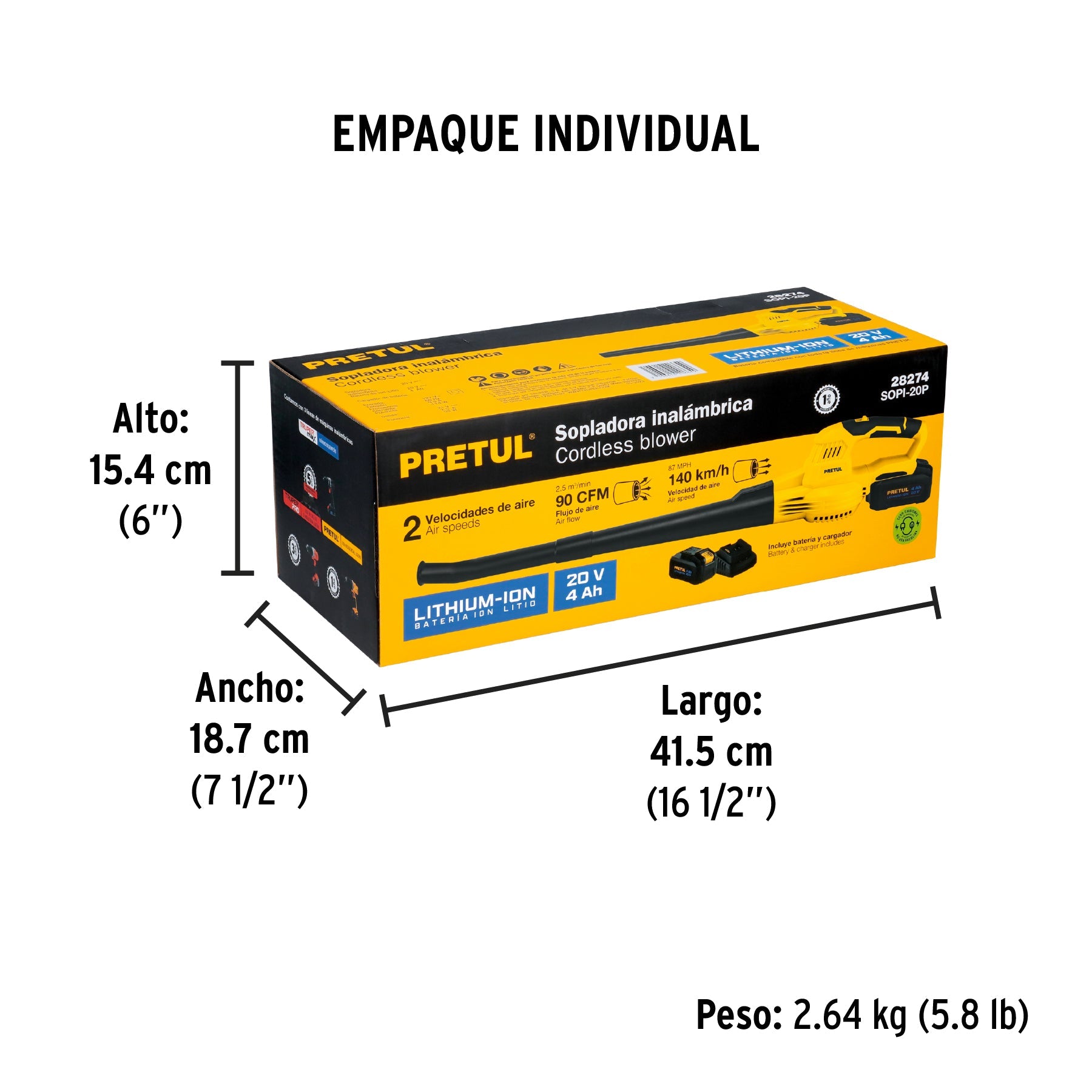 Sopladora inalámbrica 20V, 1 batería 4Ah, 1 carg. PRETUL - Empaque