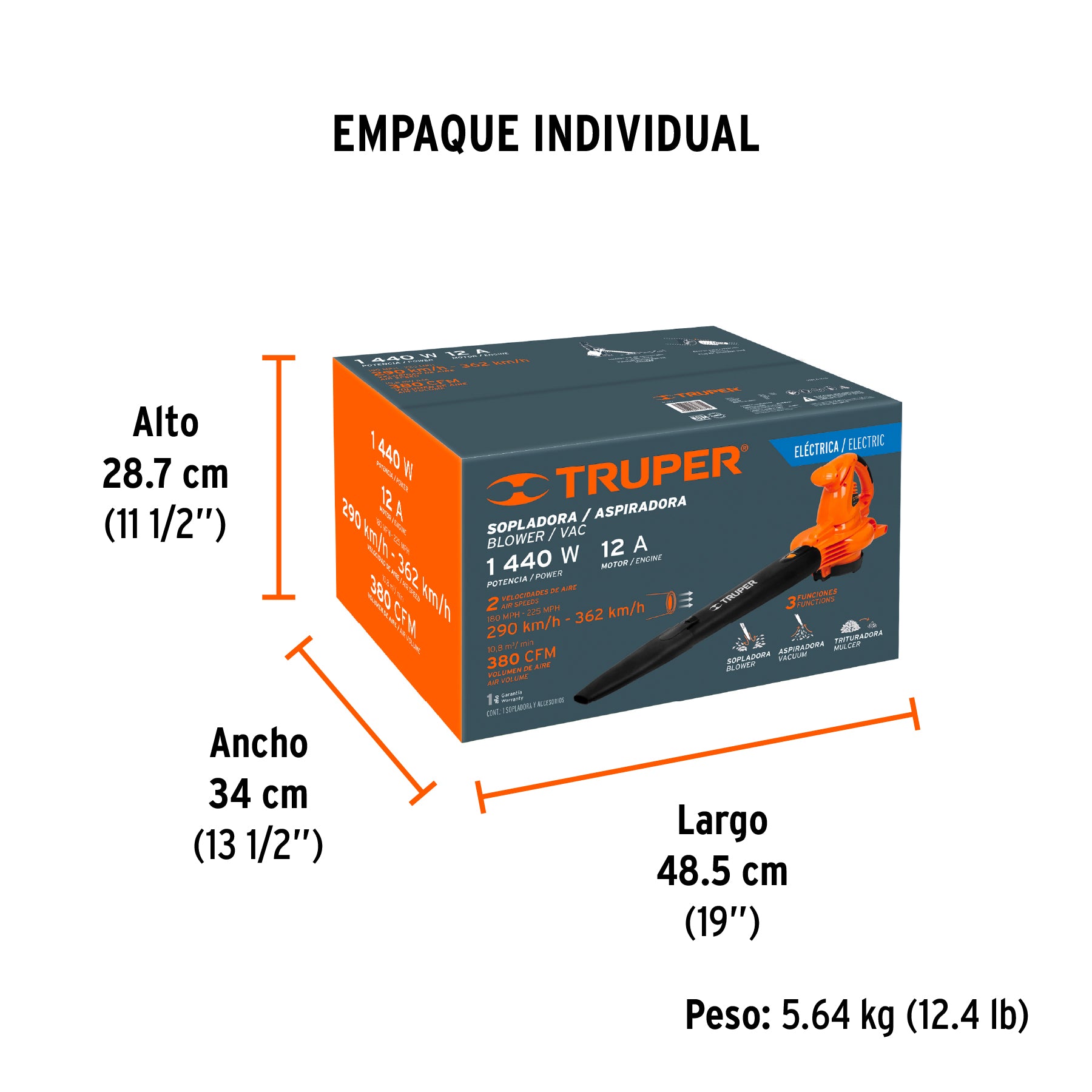 Sopladora/Aspiradora 1,440 W, con bolsa recolectora, TRUPER - Empaque
