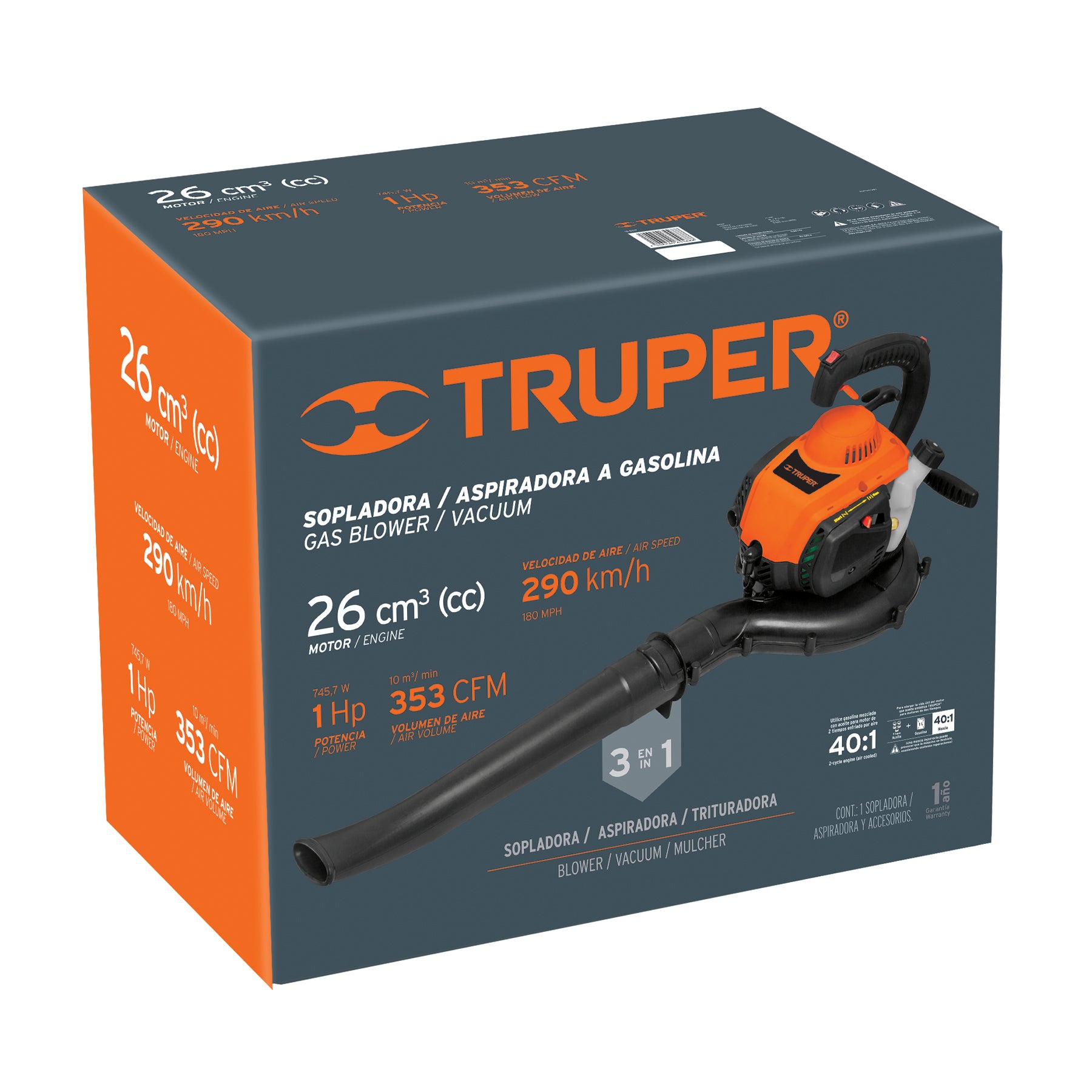 Sopladora / Aspiradora con motor de 26 cc a gasolina, TRUPER