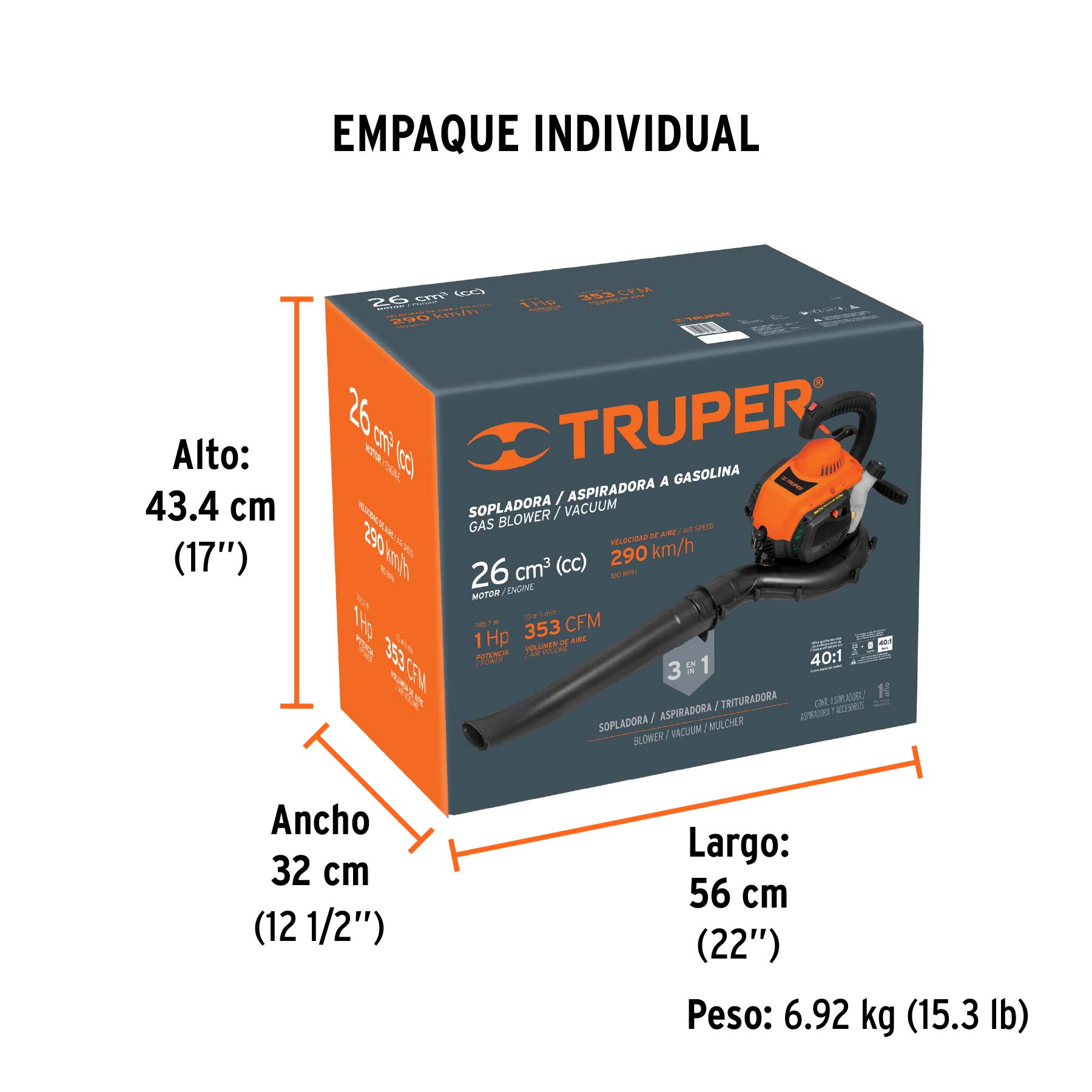 Sopladora / Aspiradora con motor de 26 cc a gasolina, TRUPER - Empaque