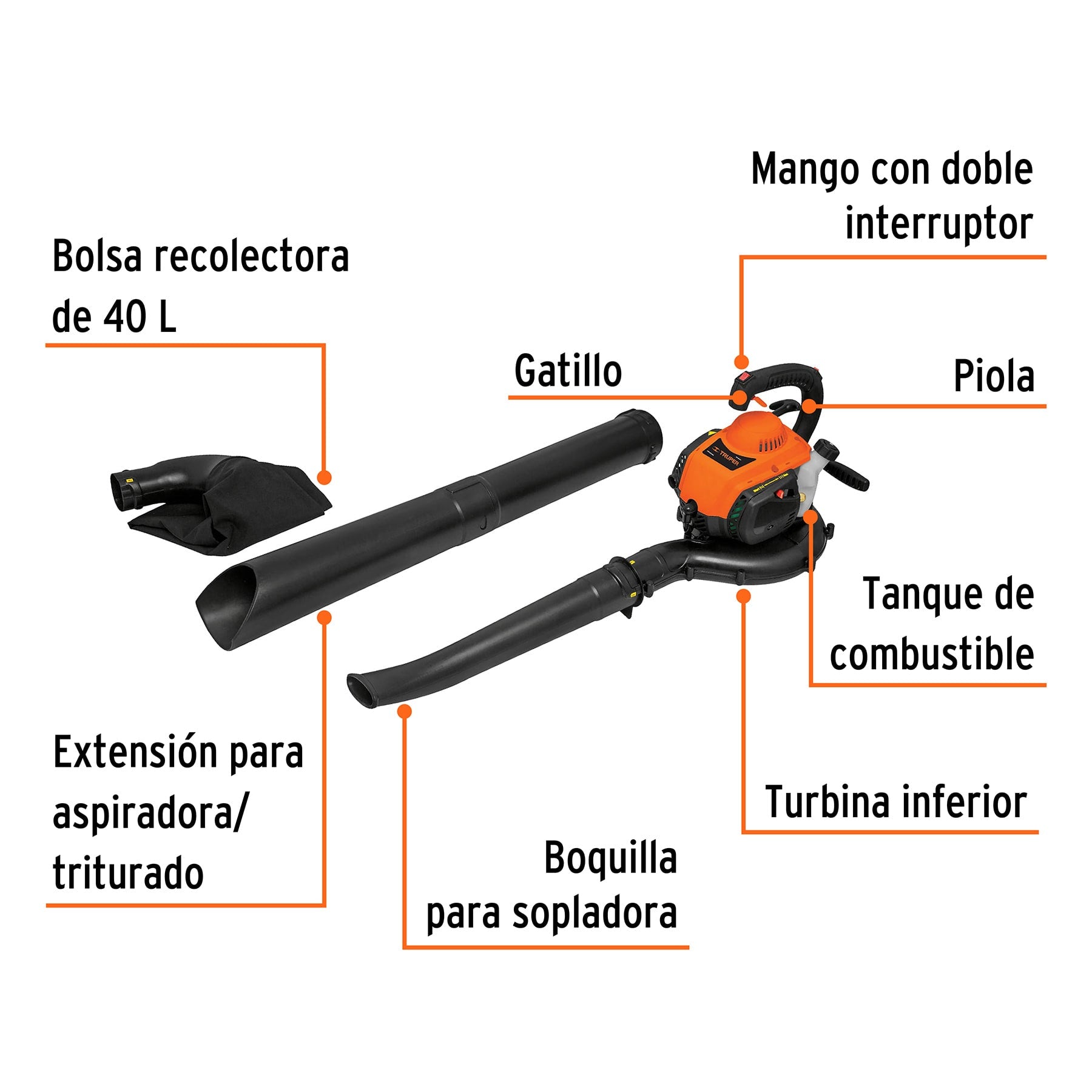 Sopladora / Aspiradora con motor de 26 cc a gasolina, TRUPER