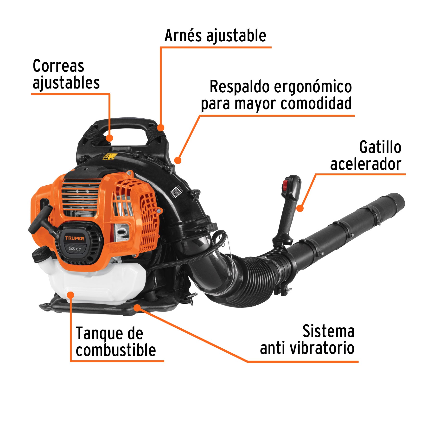 Sopladora con motor de 53cc a gasolina, tipo mochila, TRUPER