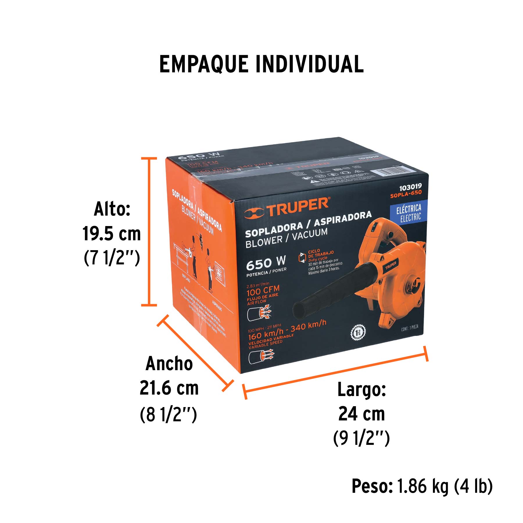 Sopladora/Aspiradora eléctrica 650 W, TRUPER - Empaque