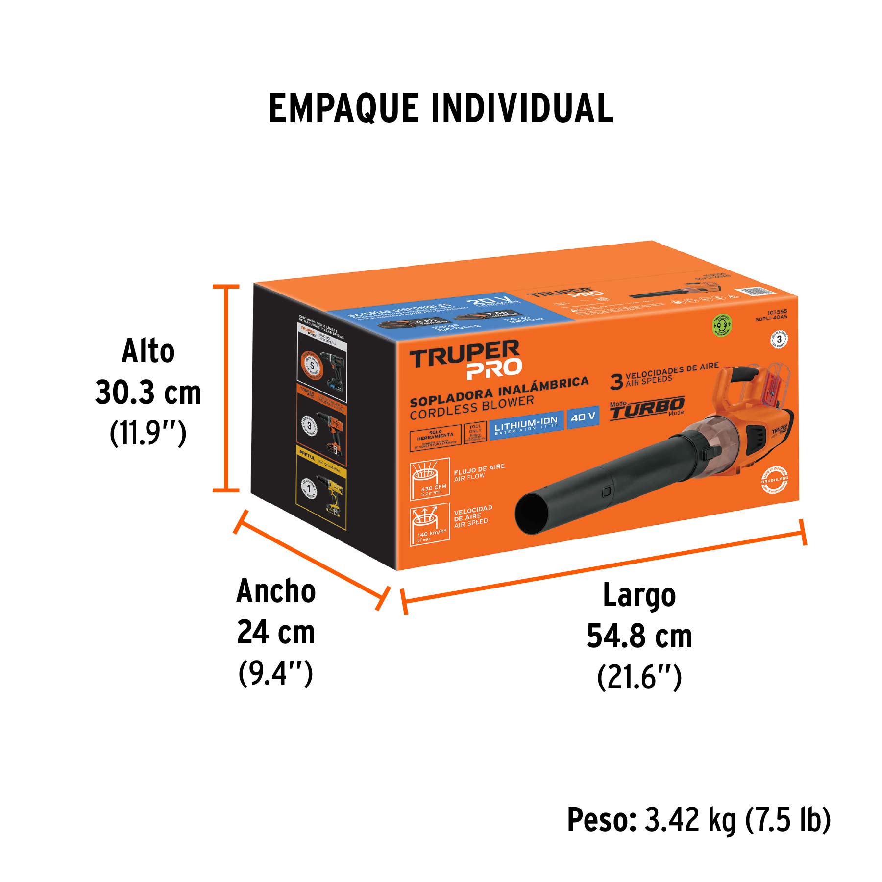 Sopladora inalámbrica 40V, sin accesorios, TRUPER PRO - Empaque