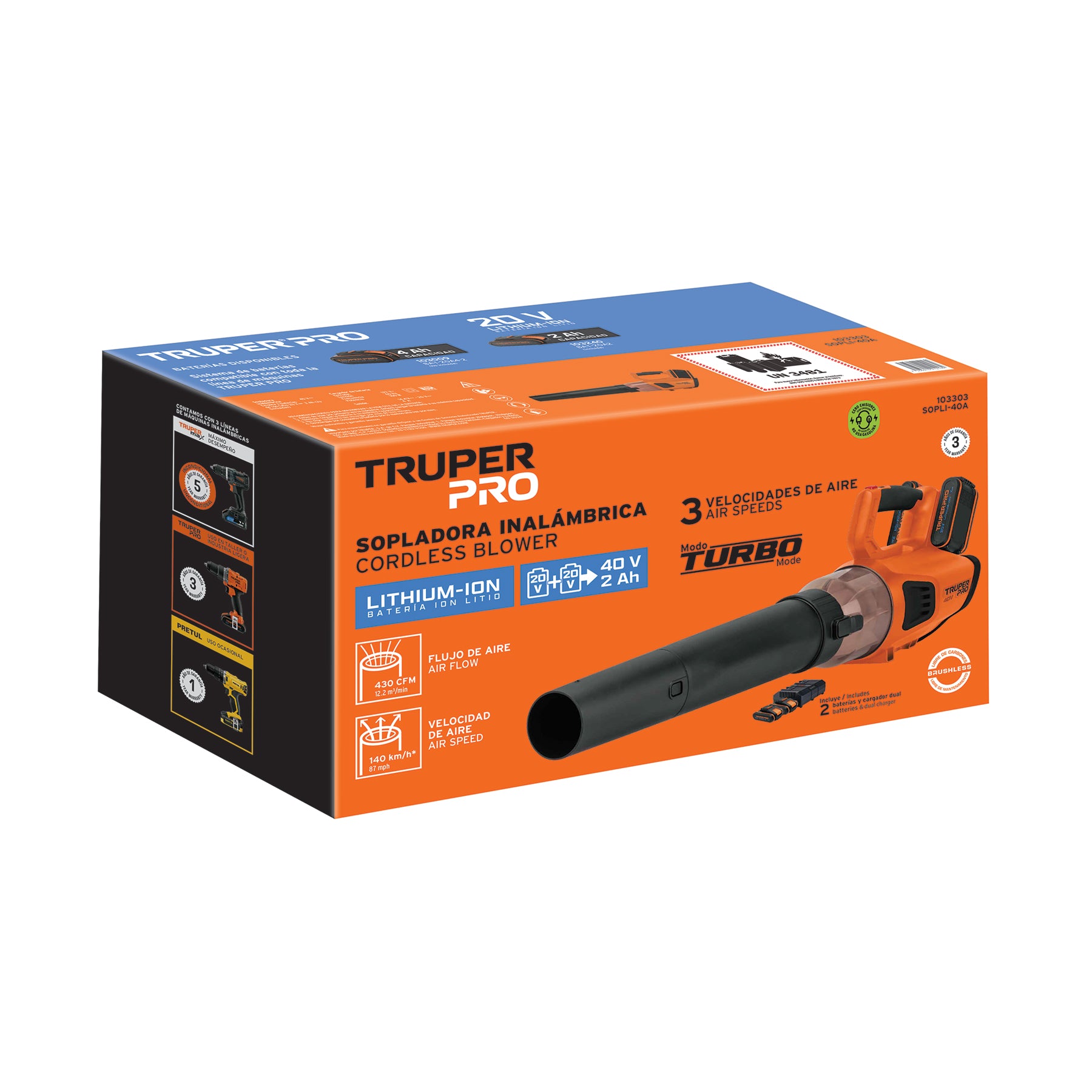Sopladora inalámbrica 40V, 2 baterías 2Ah, 1 carg.dual, PRO