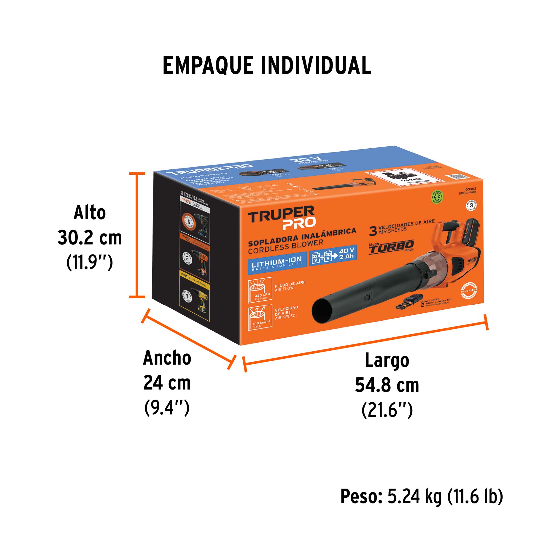 Sopladora inalámbrica 40V, 2 baterías 2Ah, 1 carg.dual, PRO - Empaque
