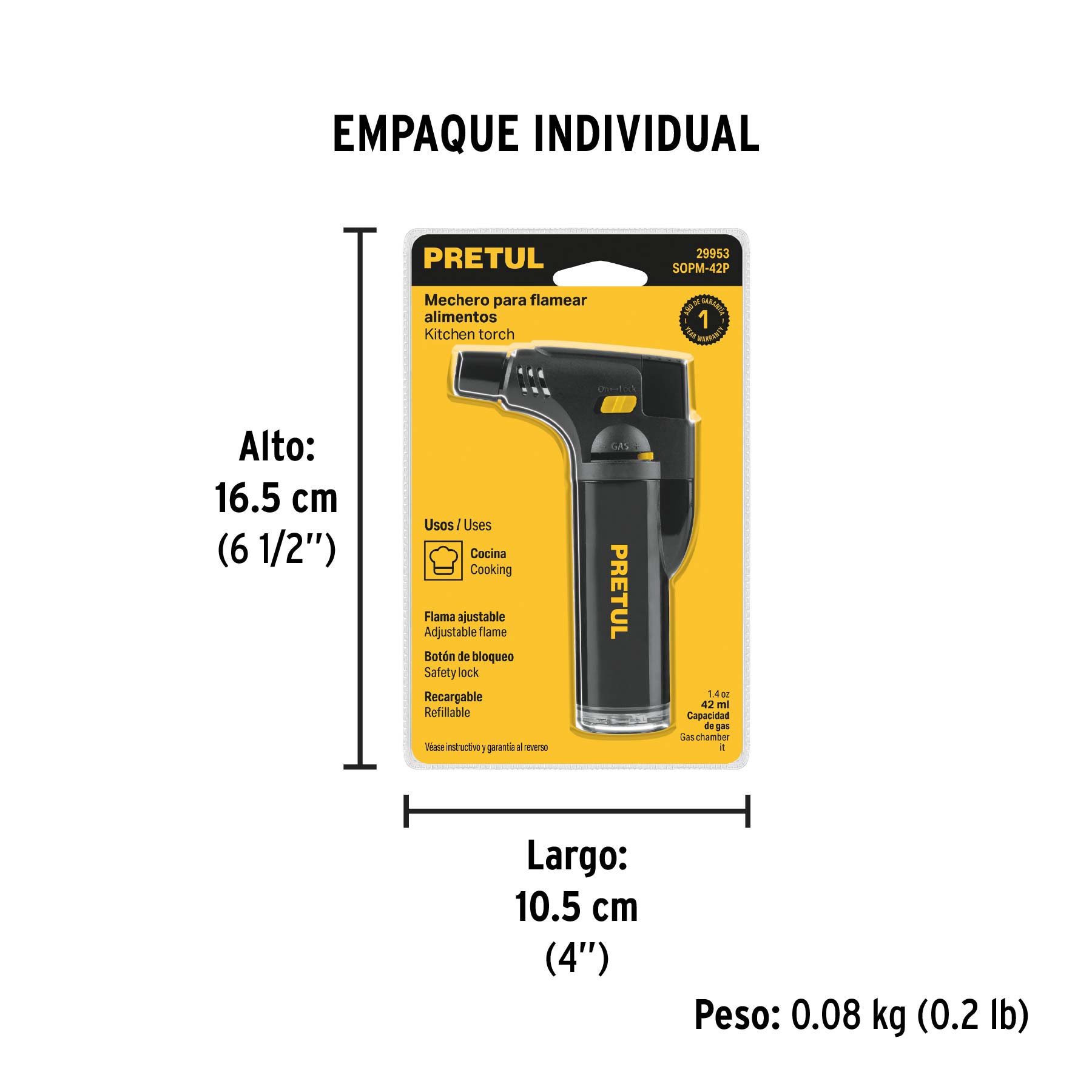 Mechero recargable de 42 ml para flamear alimentos, PRETUL - Empaque